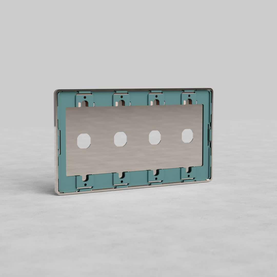 4G Switch Plate Grove US in polished nickel with four square openings, shown on a light textured surface.