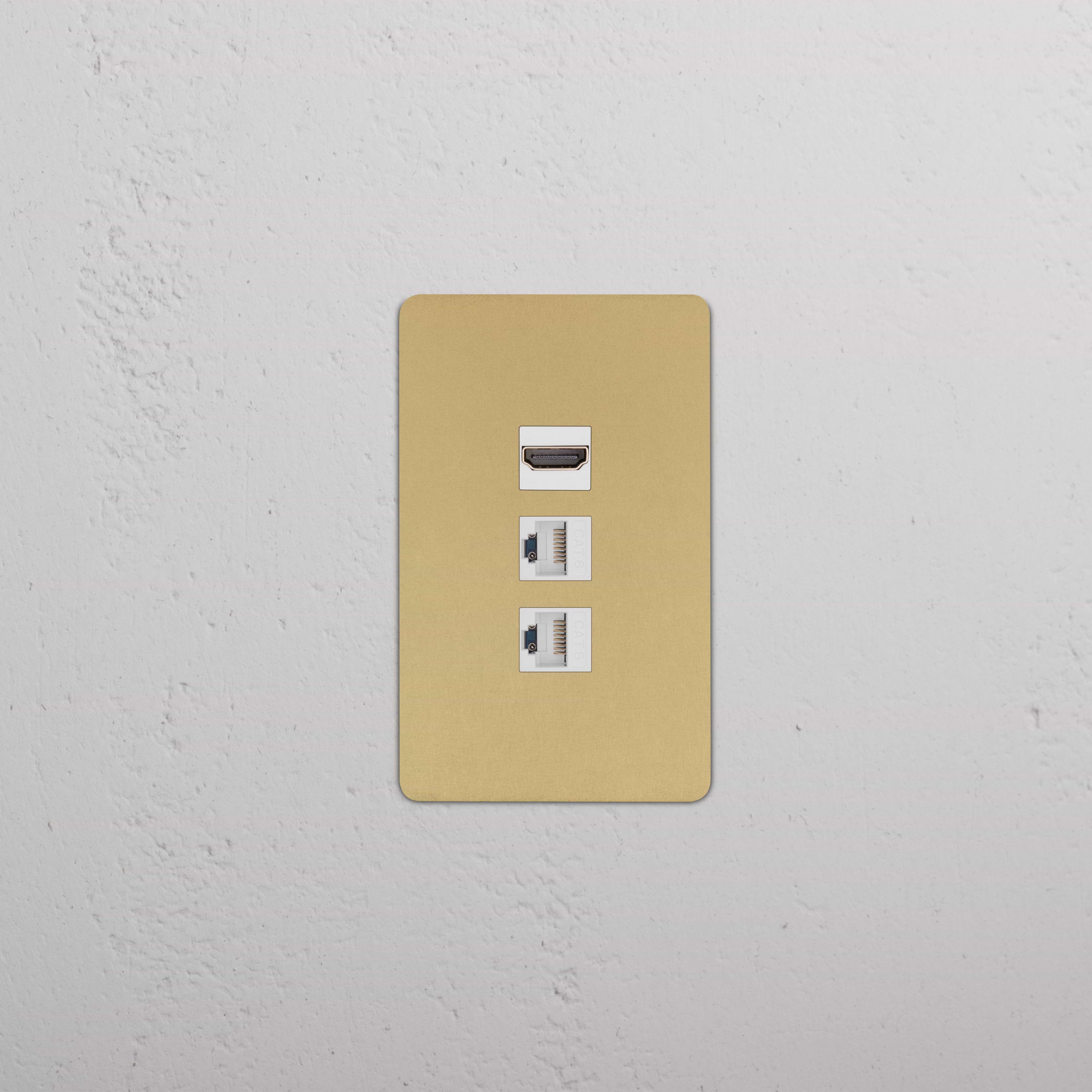 Kew 1G HDMI & 2x CAT6 Keystone wall plate in Antique Brass White with one HDMI and two Ethernet ports.