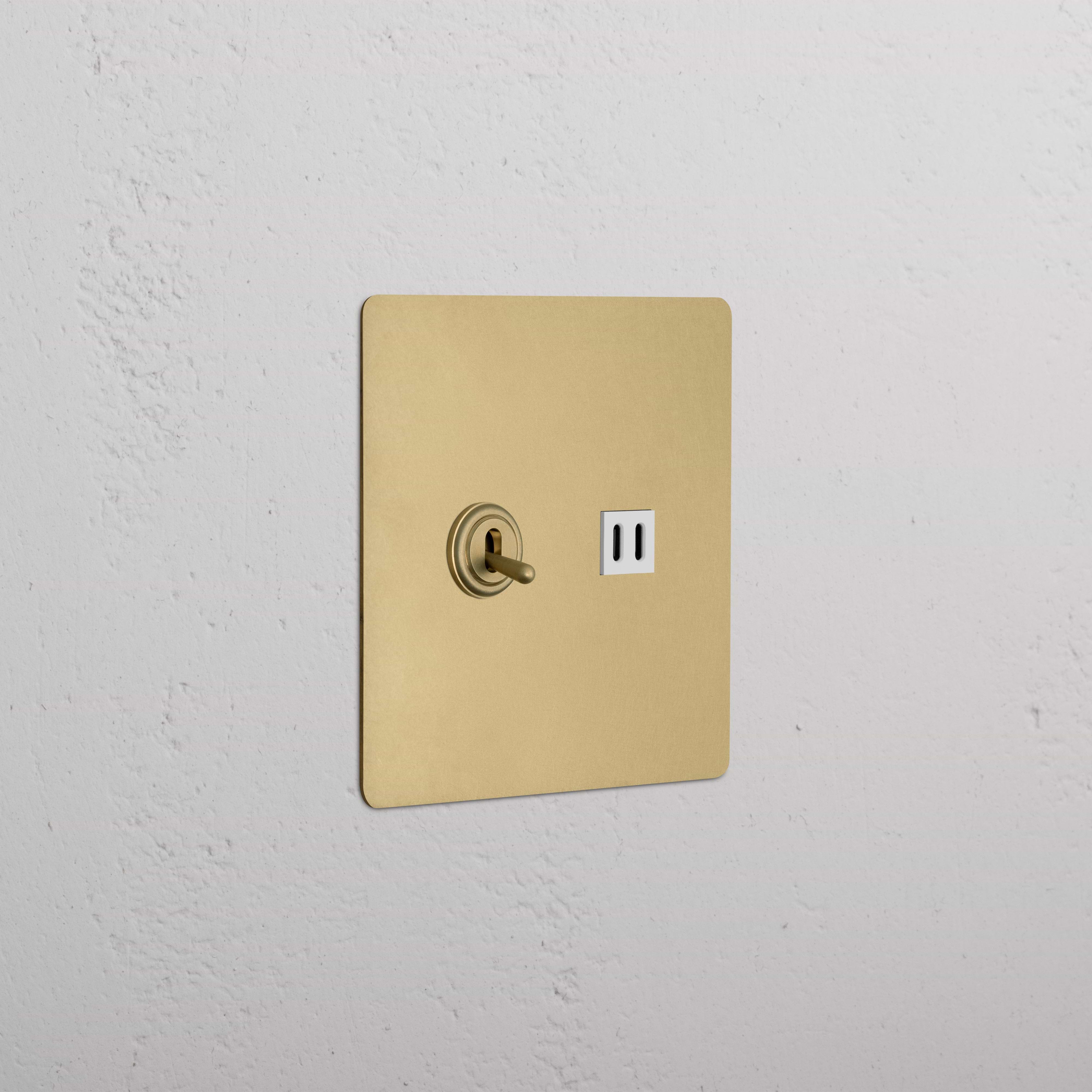 Antique brass and white 2-gang toggle switch with fast charge USB port, Kew design wall plate.