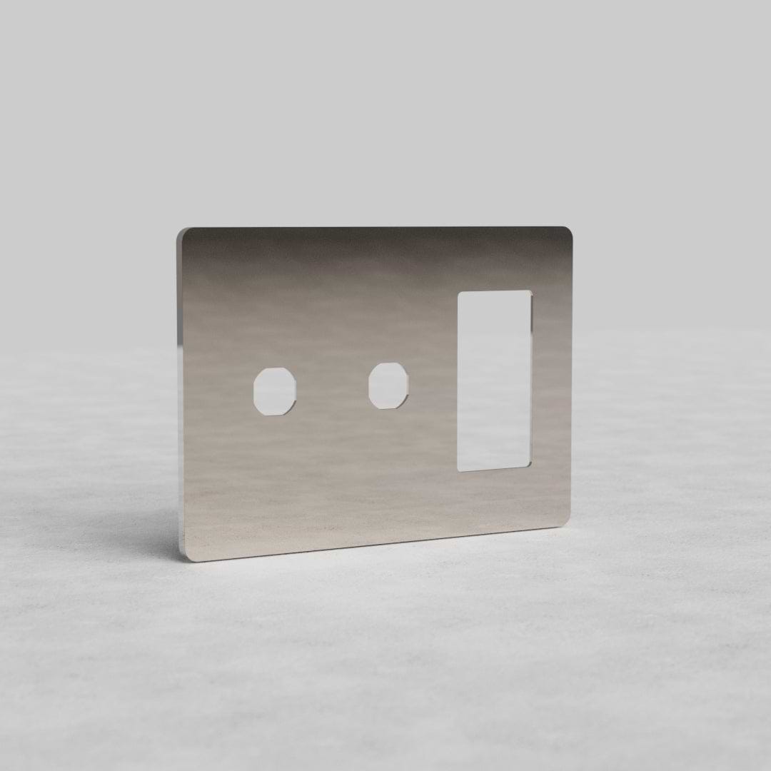 Rectangular polished nickel 3G 2x switch and outlet plate with two switch cutouts and one outlet cutout.