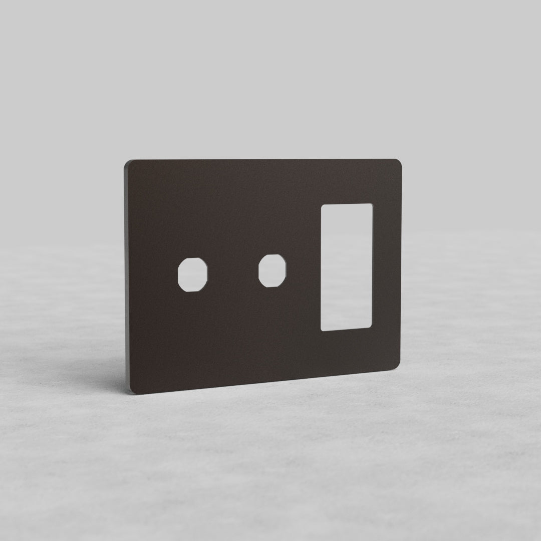 Bronze 3G 2x Switch & Outlet Plate Grove US with two round switch openings and one rectangular outlet cutout.