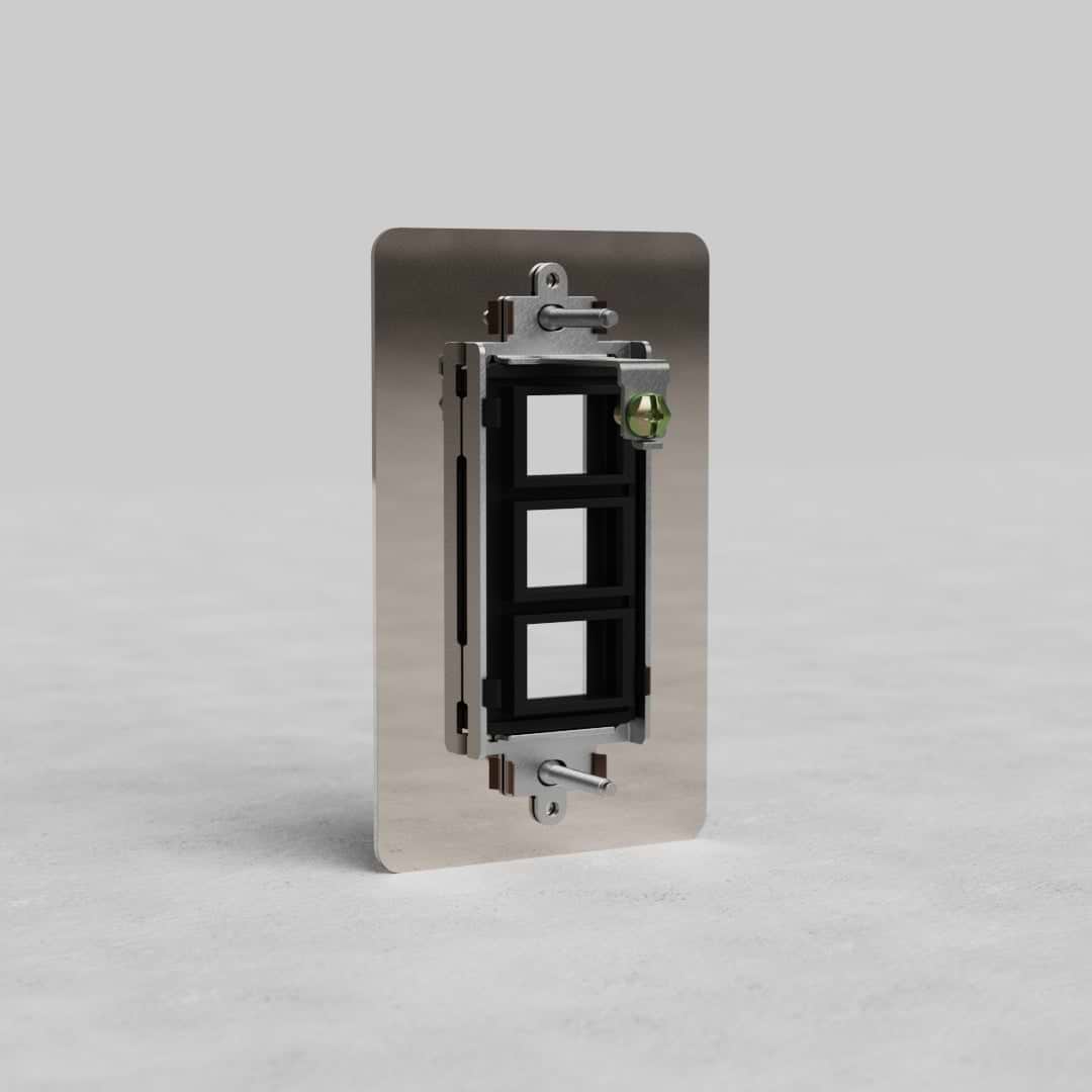 Polished Nickel 1G 3x Keystone Plate Kew US with three empty keystone slots, shown on a gray background.