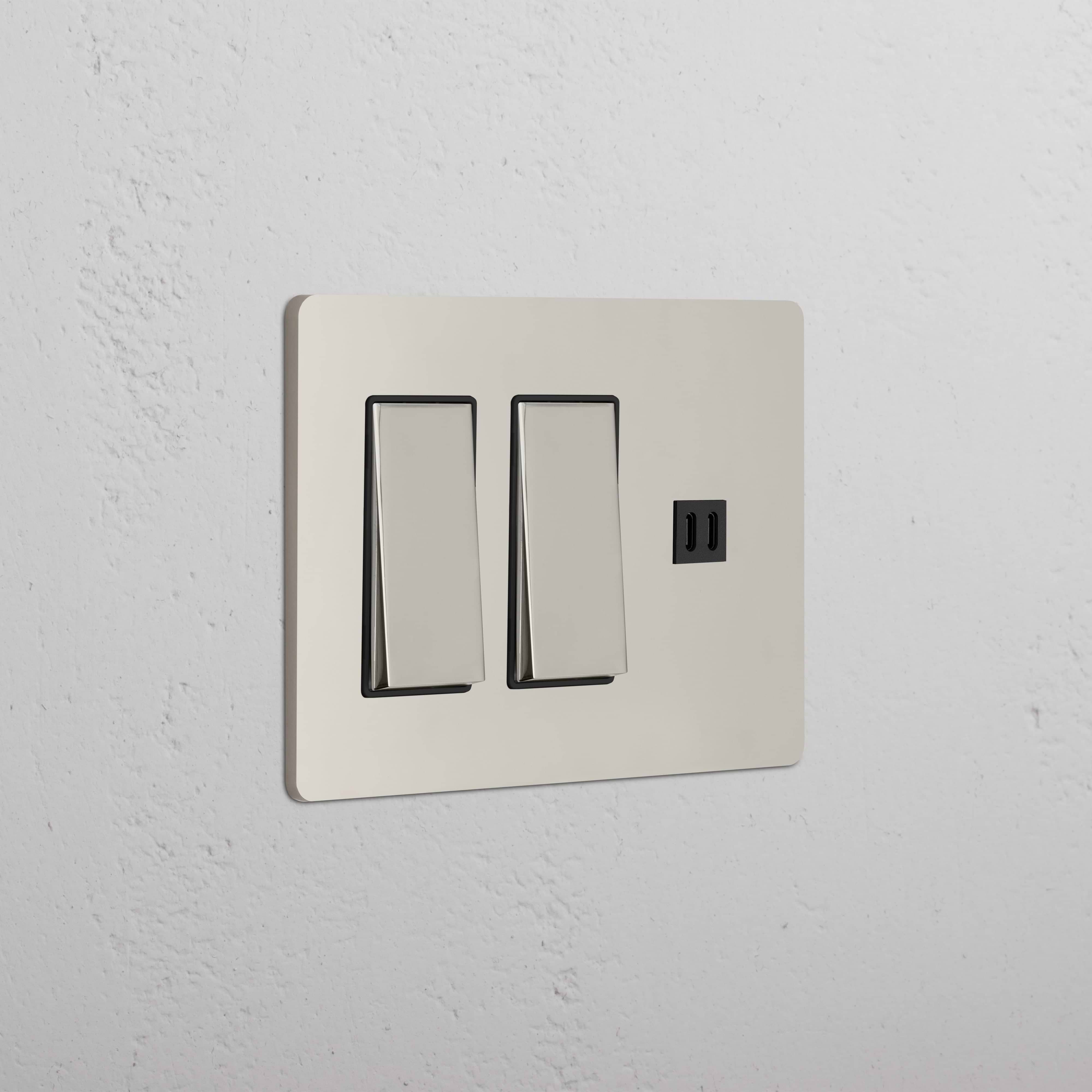 Grove 3G 2x Rocker Switch & Fast Charge USB in Polished Nickel Black with two switches and a USB port.