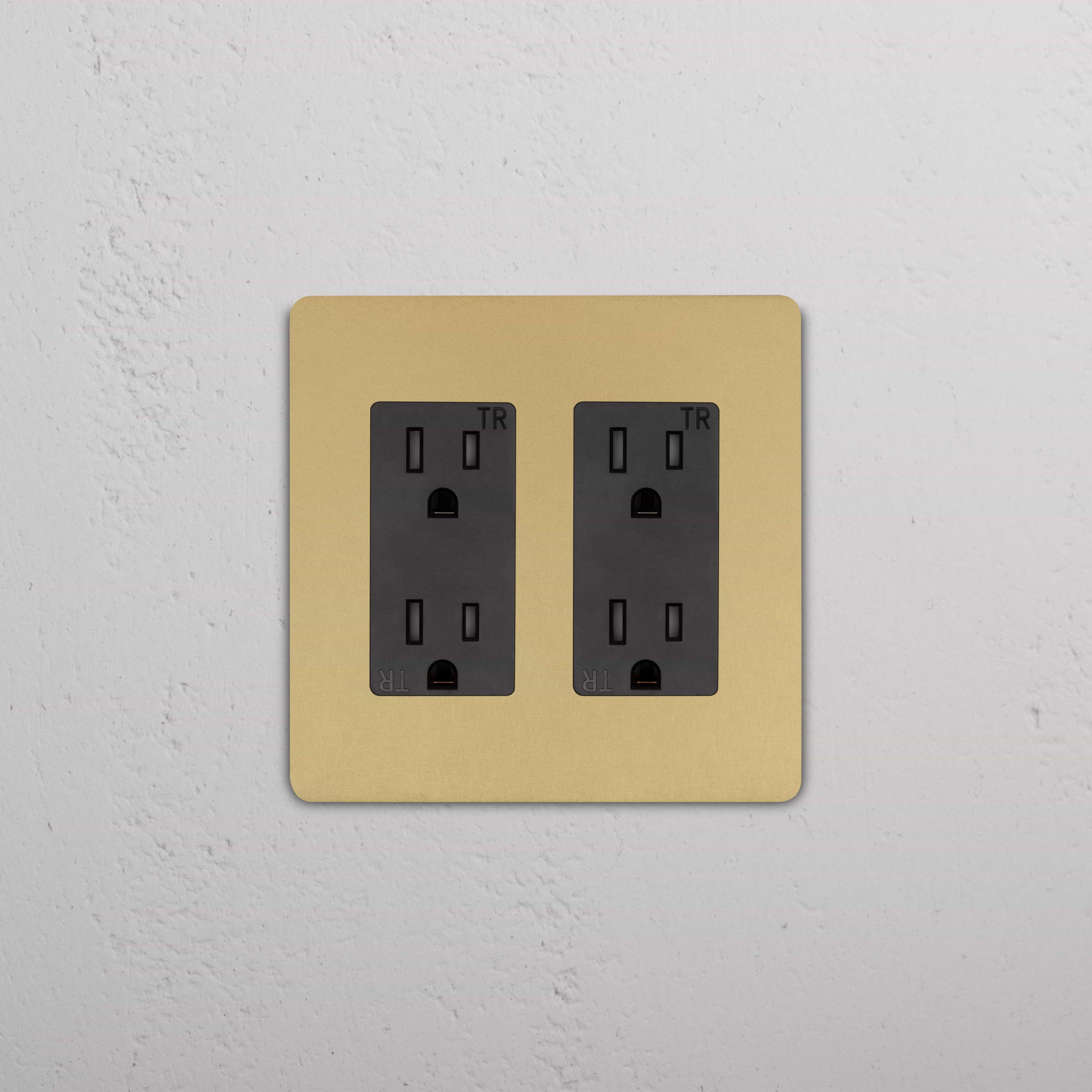 Grove 2G Outlet in Antique Brass Black finish with gold trim, installed on a light gray textured wall.