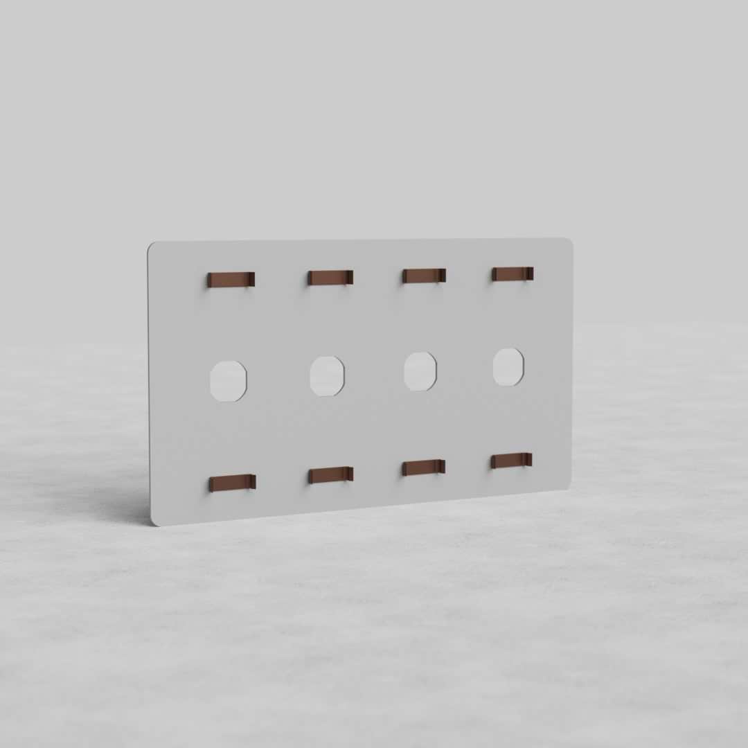 Rectangular 4G Switch Plate Kew US - Paintable, with six circular holes and eight small brown tabs, upright.