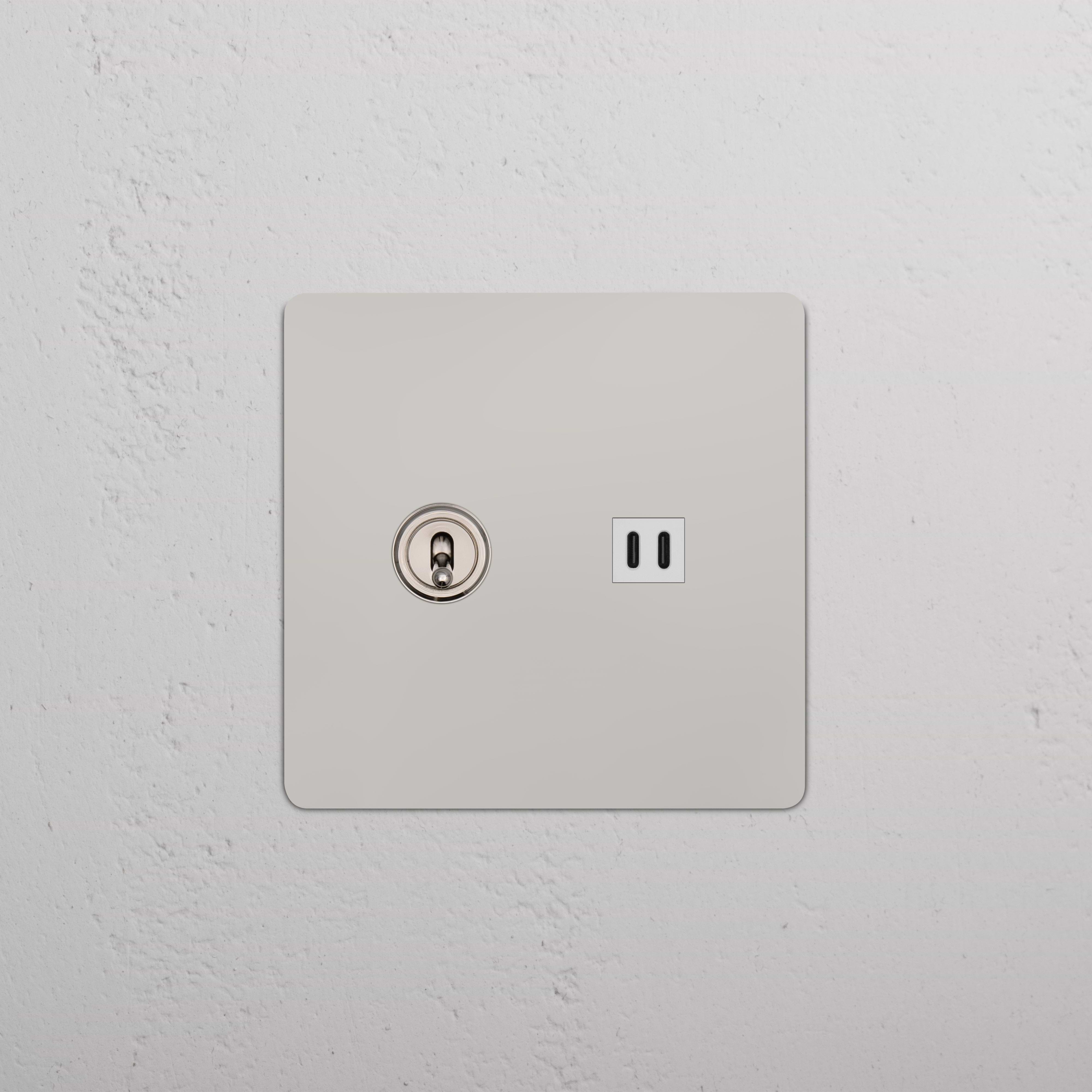 Kew 2G Toggle Switch & Fast Charge USB in polished nickel with white finish, shown mounted on a wall.