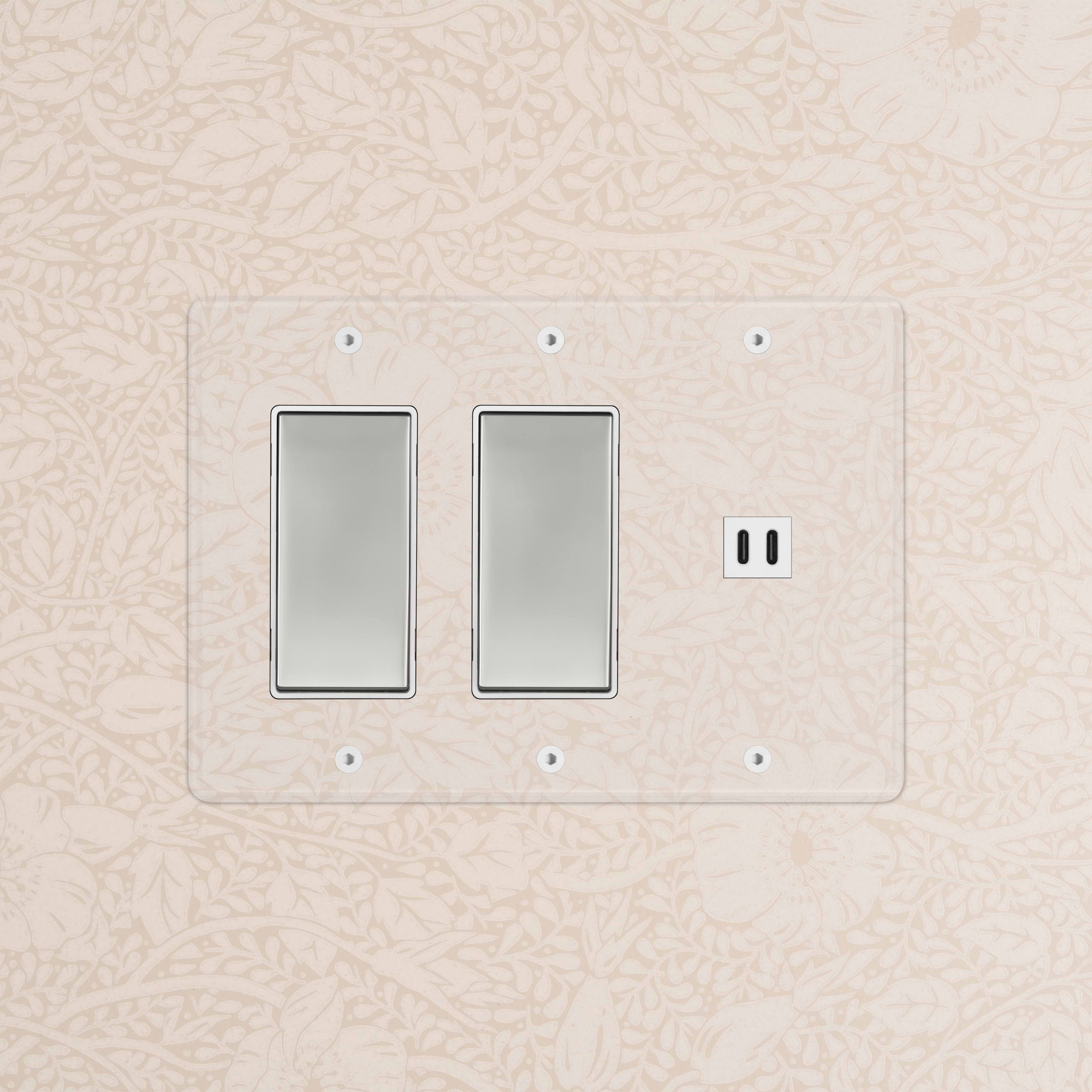 Kew 3G 2x Rocker Switch & Fast Charge USB in clear polished nickel and white, on decorative wallpaper.