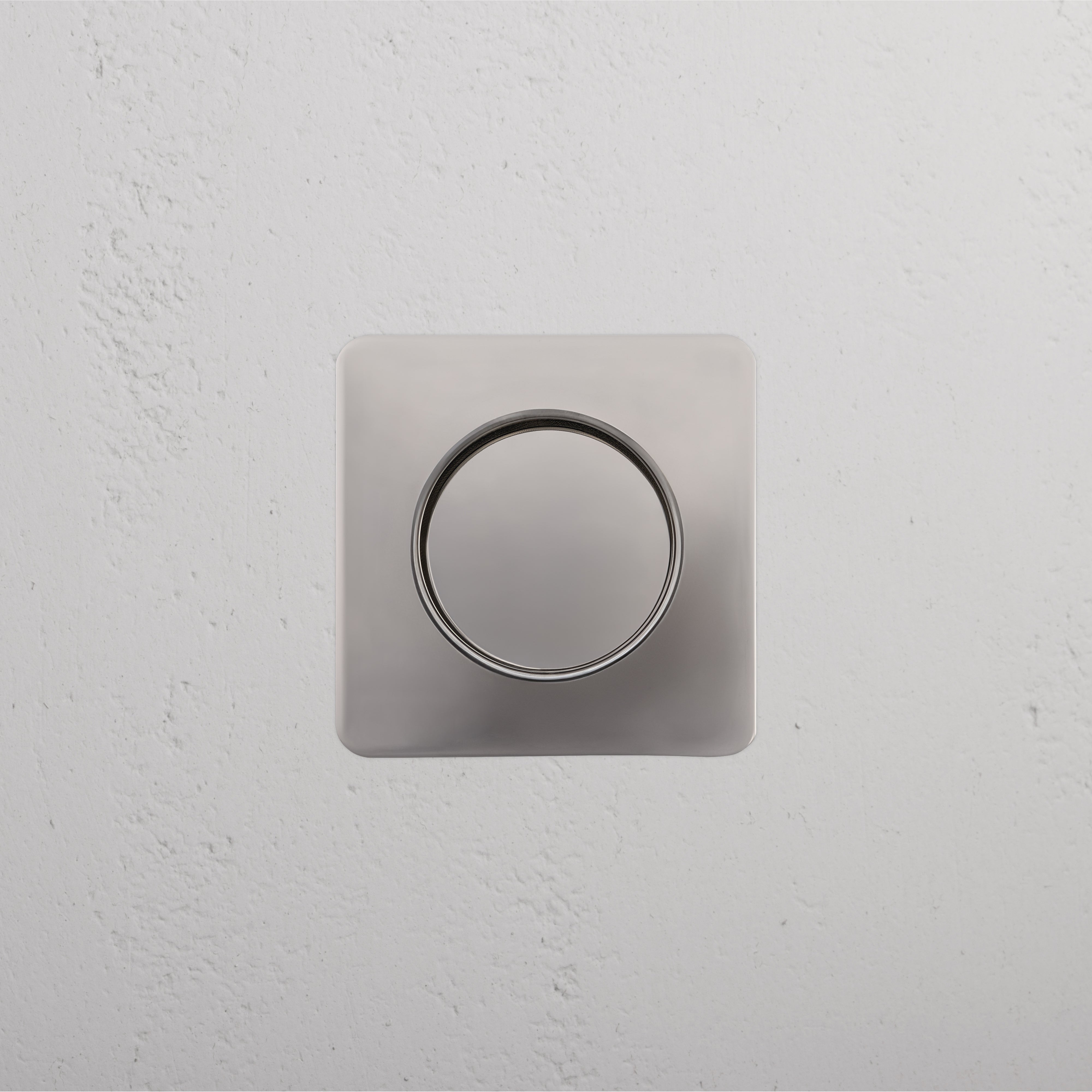 Regent Recessed Small Pull in polished nickel finish, square design with circular center for cabinetry or furniture.