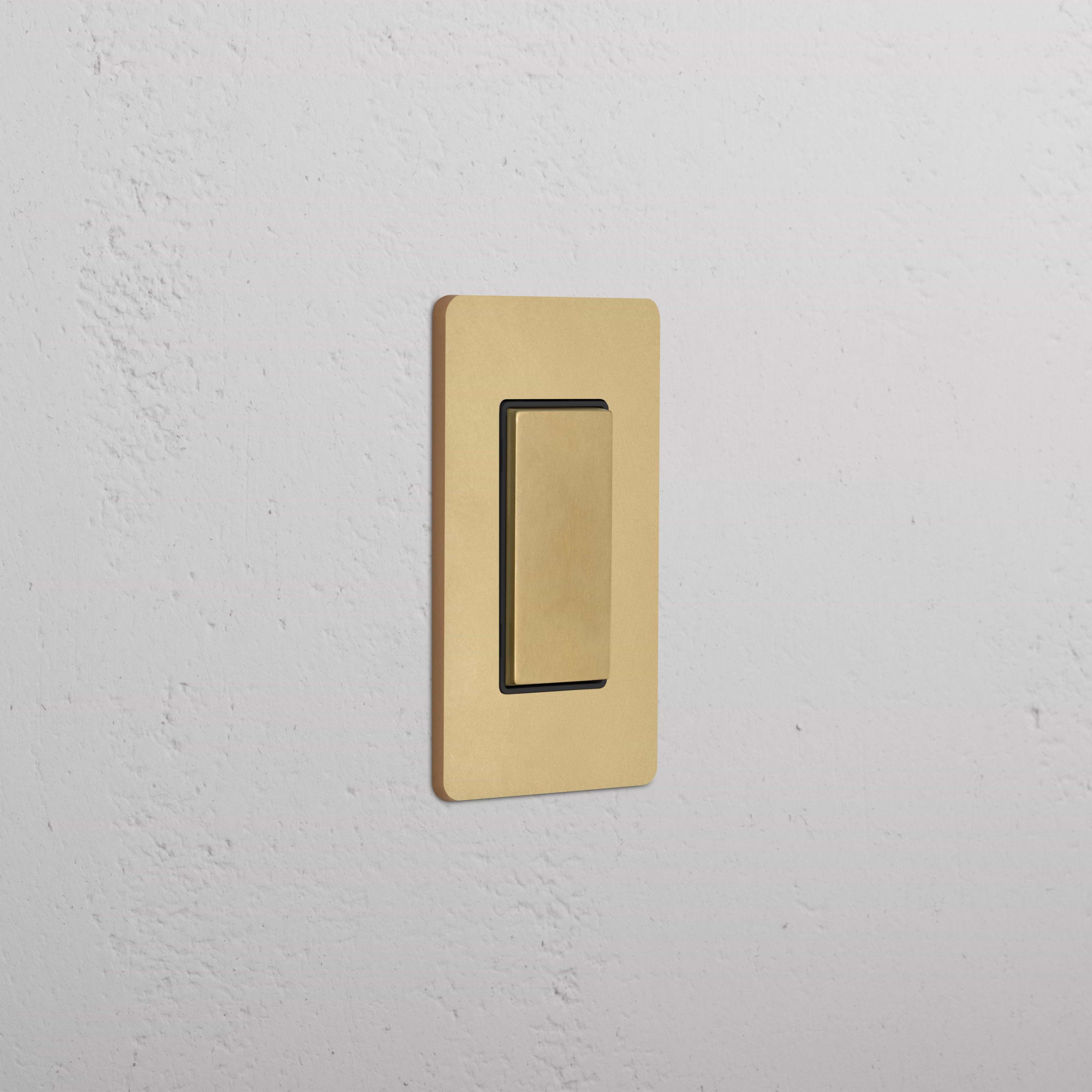 Grove 1G Center Retractive Rocker Switch in Antique Brass Black with rectangular plate on white wall.