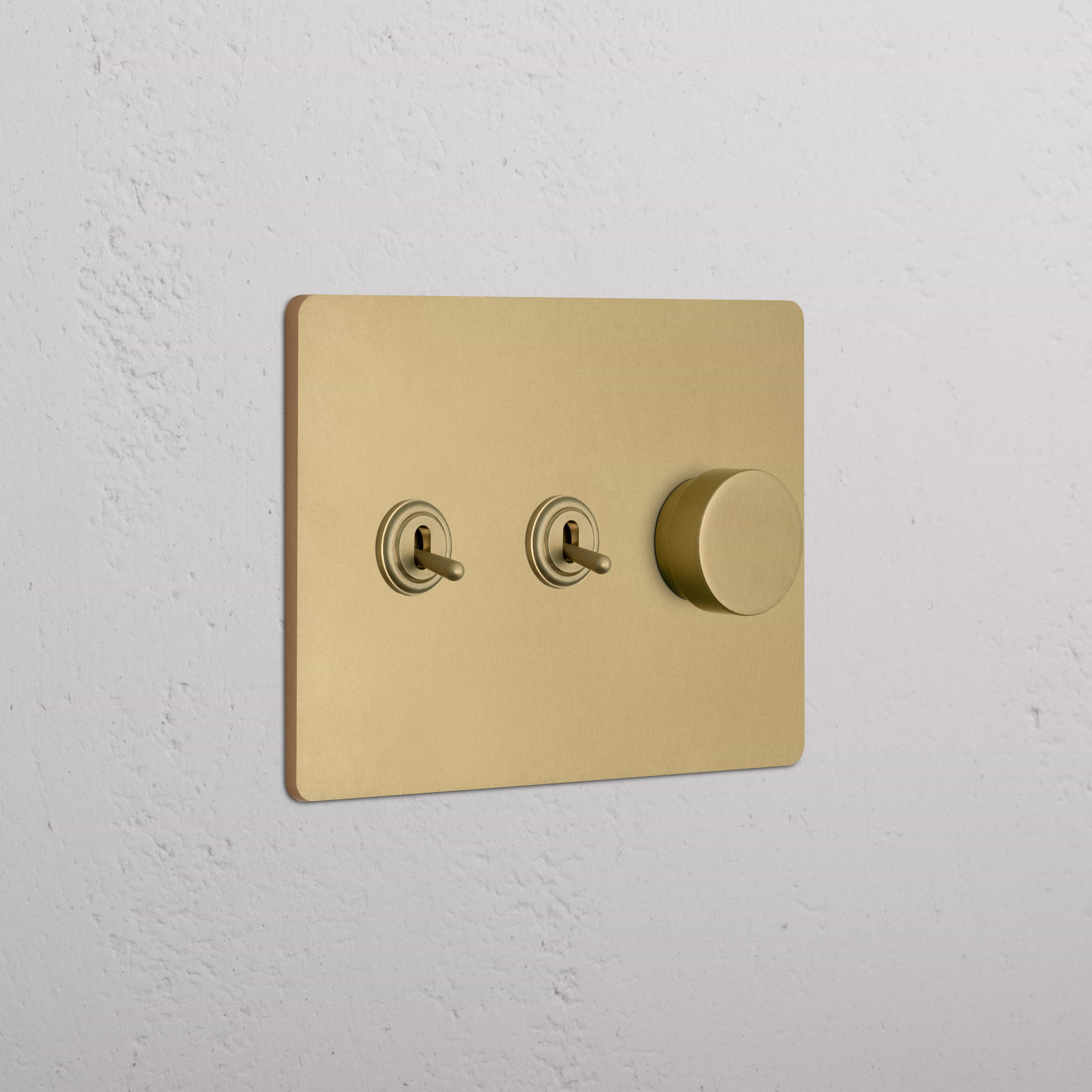 Grove 3G Antique Brass wall plate featuring two toggle switches and one dimmer switch.