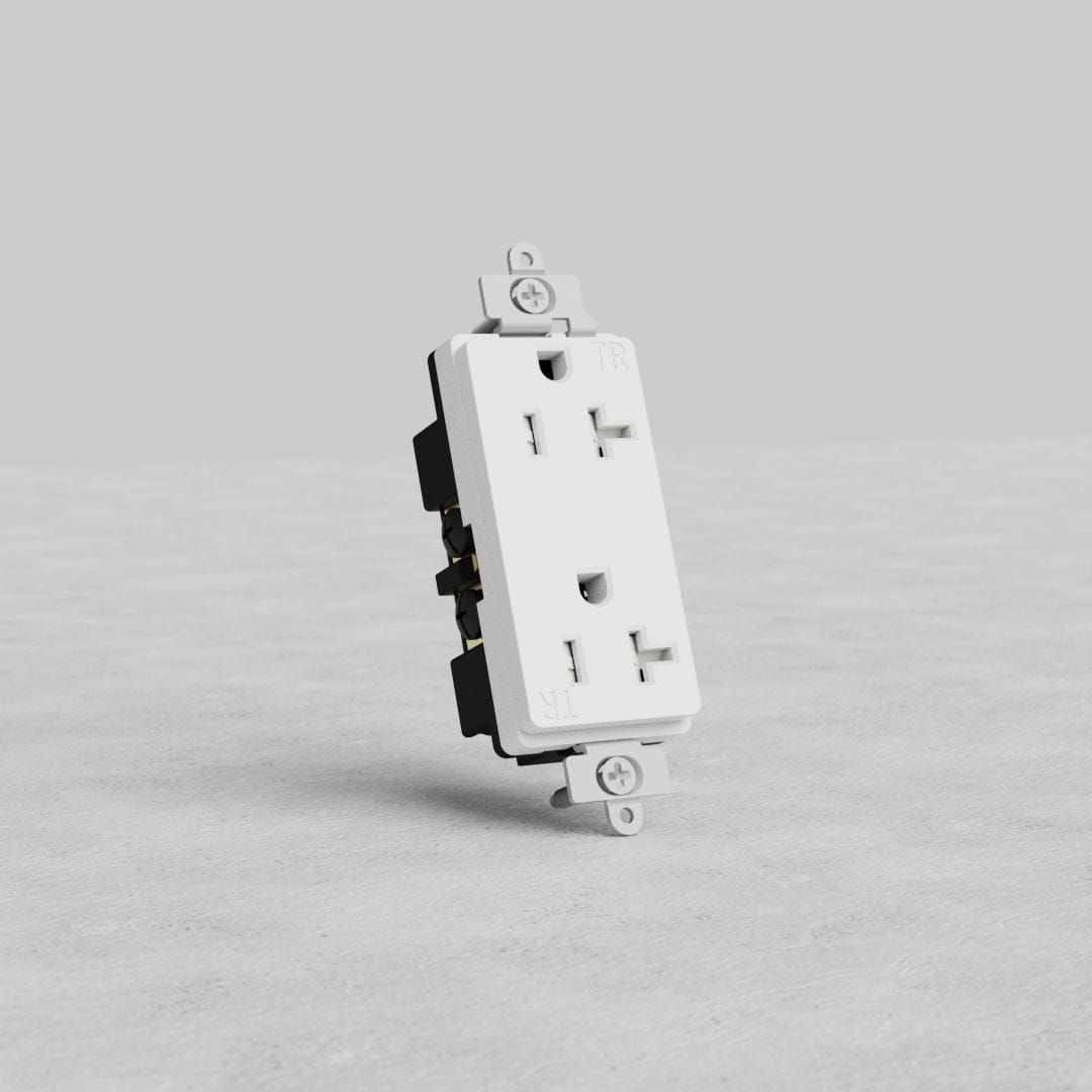 White Power Outlet 20A duplex wall outlet with two three-prong sockets on a light gray background.