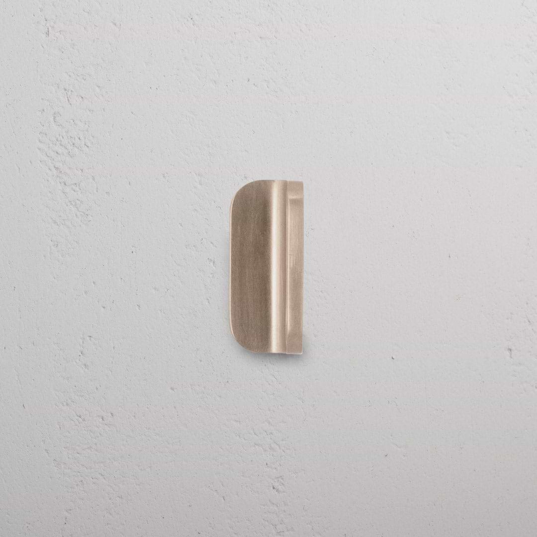 Oxford Furniture Handle Extra Small in antique brass with vertical ridge detail, mounted on a white wall.