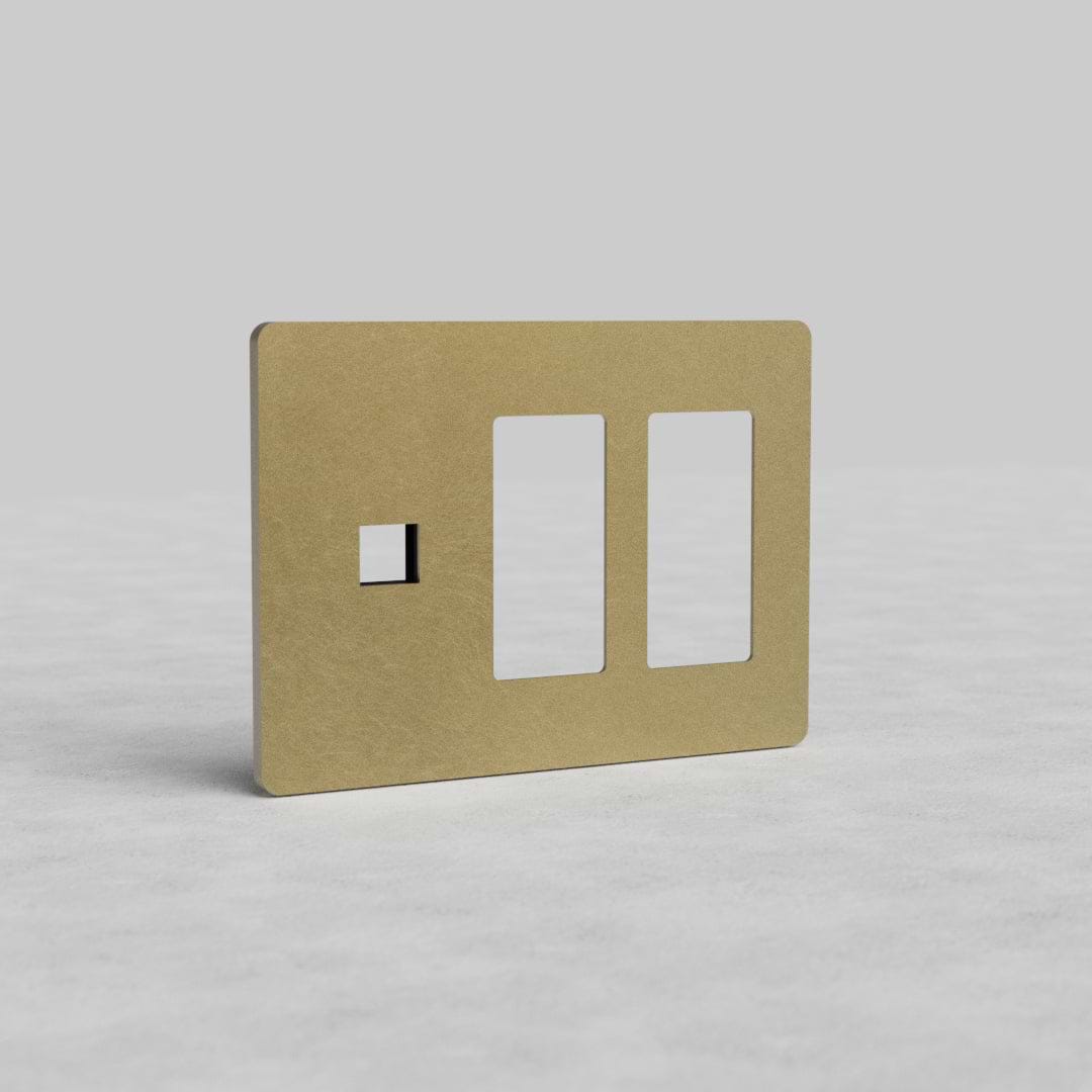 Antique Brass 3G wall plate featuring two outlet openings and one keystone port, Grove US style.