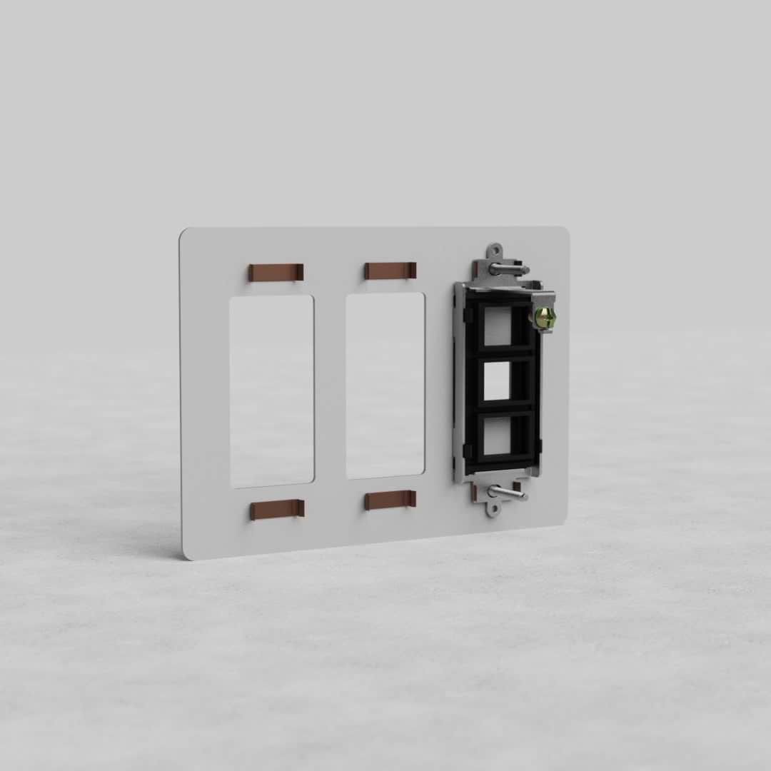 White, paintable 3G 2x Outlet & Keystone Plate Kew US with two outlet openings and one keystone slot.
