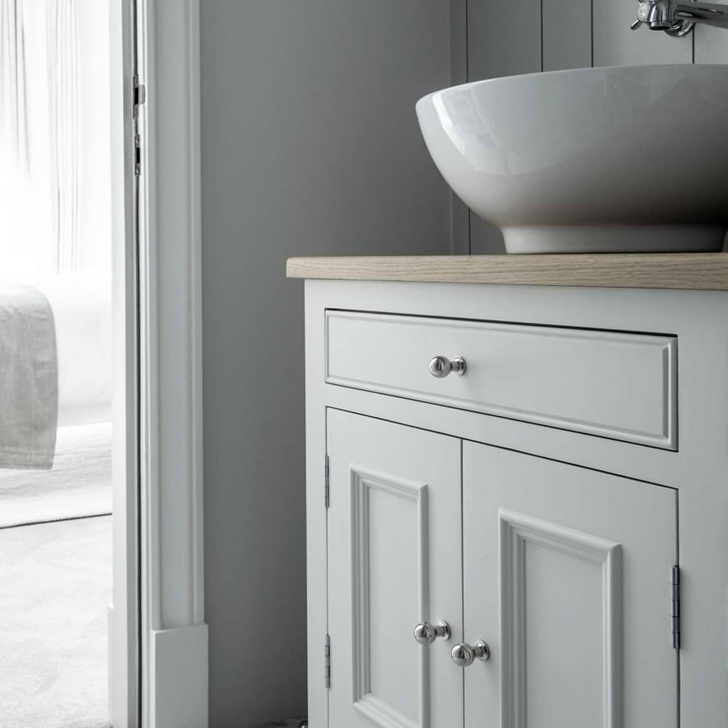 Close-up of a Bayswater Furniture Knob Small in polished nickel installed on a white cabinet drawer.