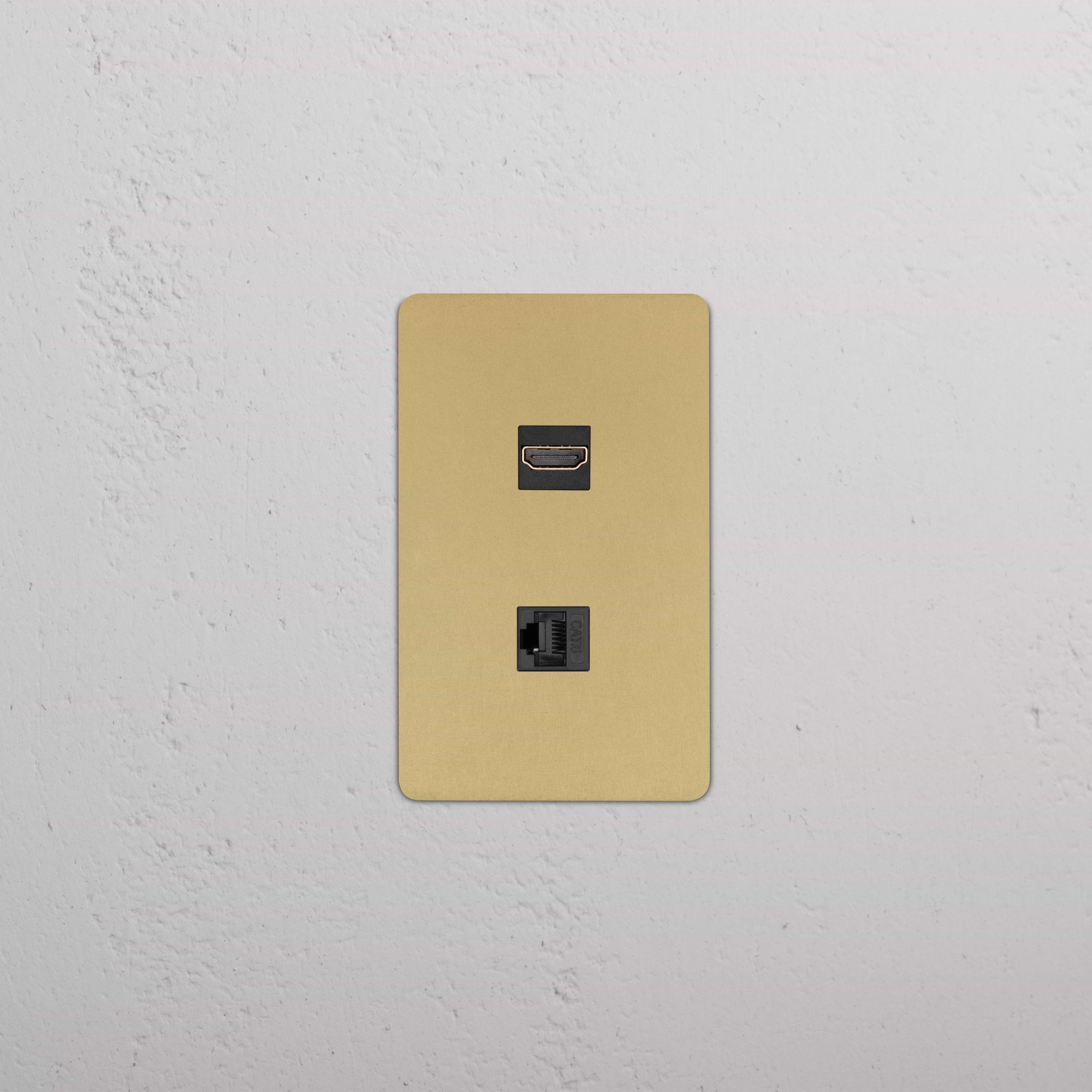 Kew 1G HDMI & CAT 6 Keystone wall plate in antique brass black with HDMI and Ethernet ports.