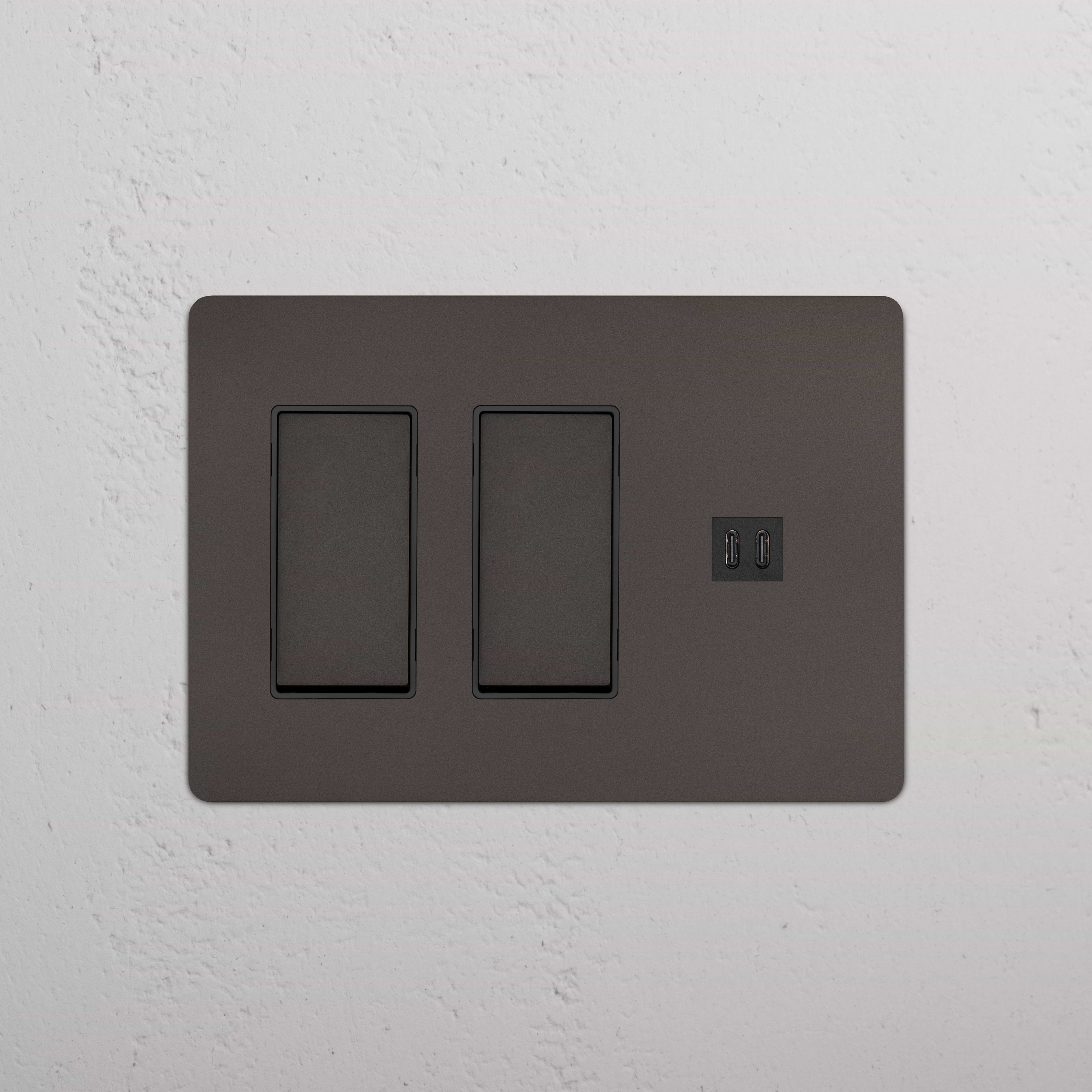 Bronze Black Kew 3G 2x Rocker Switch & Fast Charge USB wall plate with two switches and two USB ports.