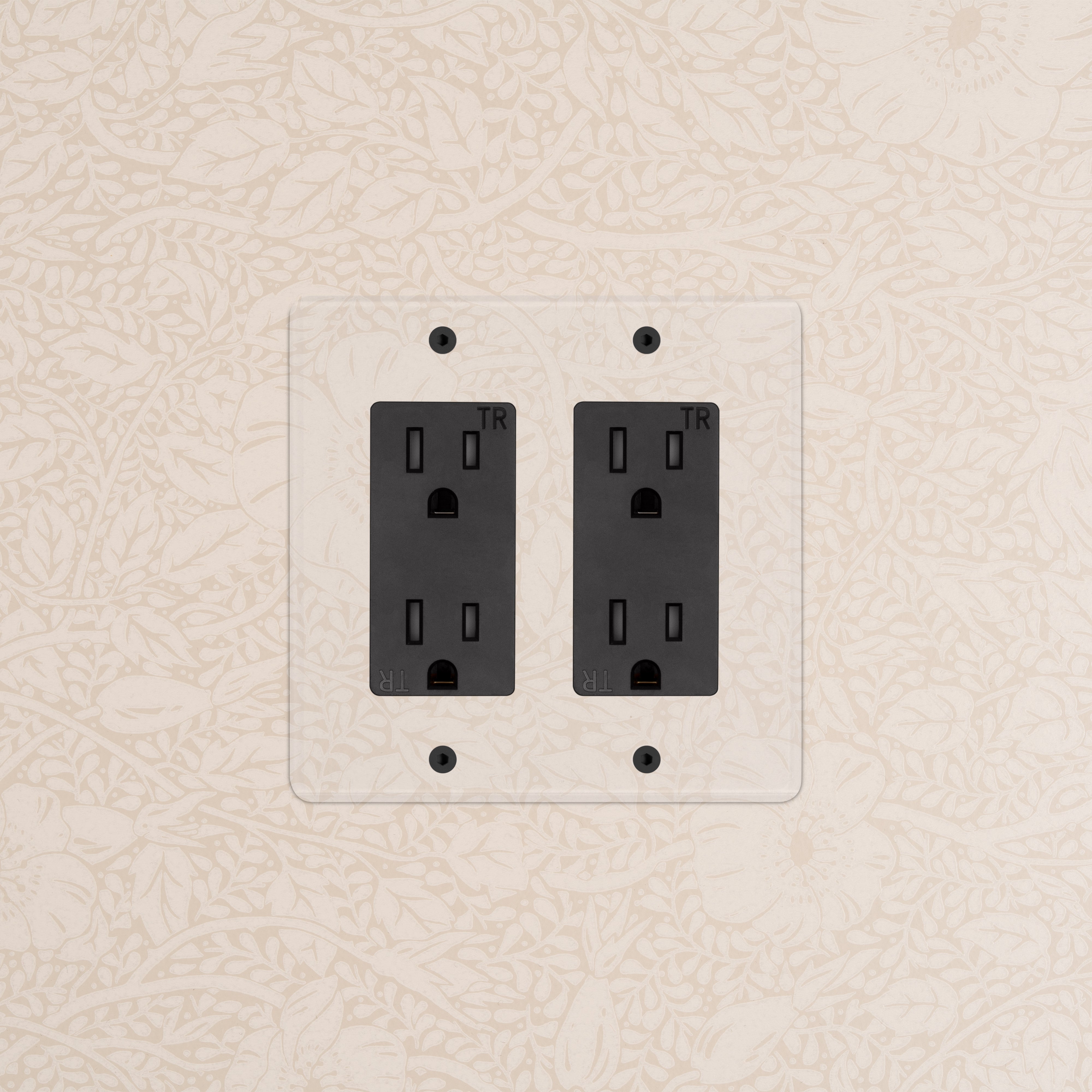 Kew 2G Outlet in clear black finish with two electrical sockets, mounted on a wall.