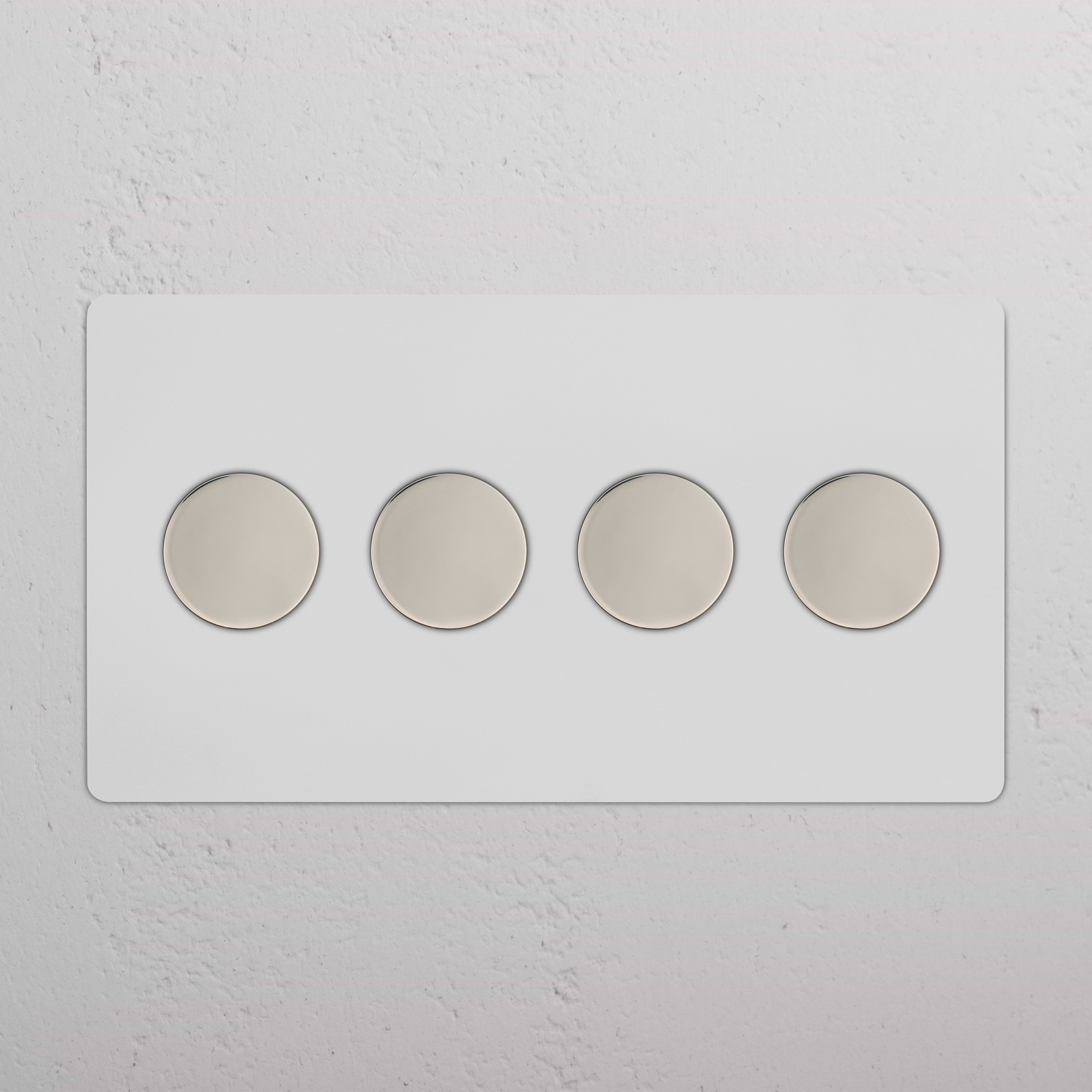 Kew 4G Dimmer Switch in paintable polished nickel with four round beige push buttons on a sleek plate.