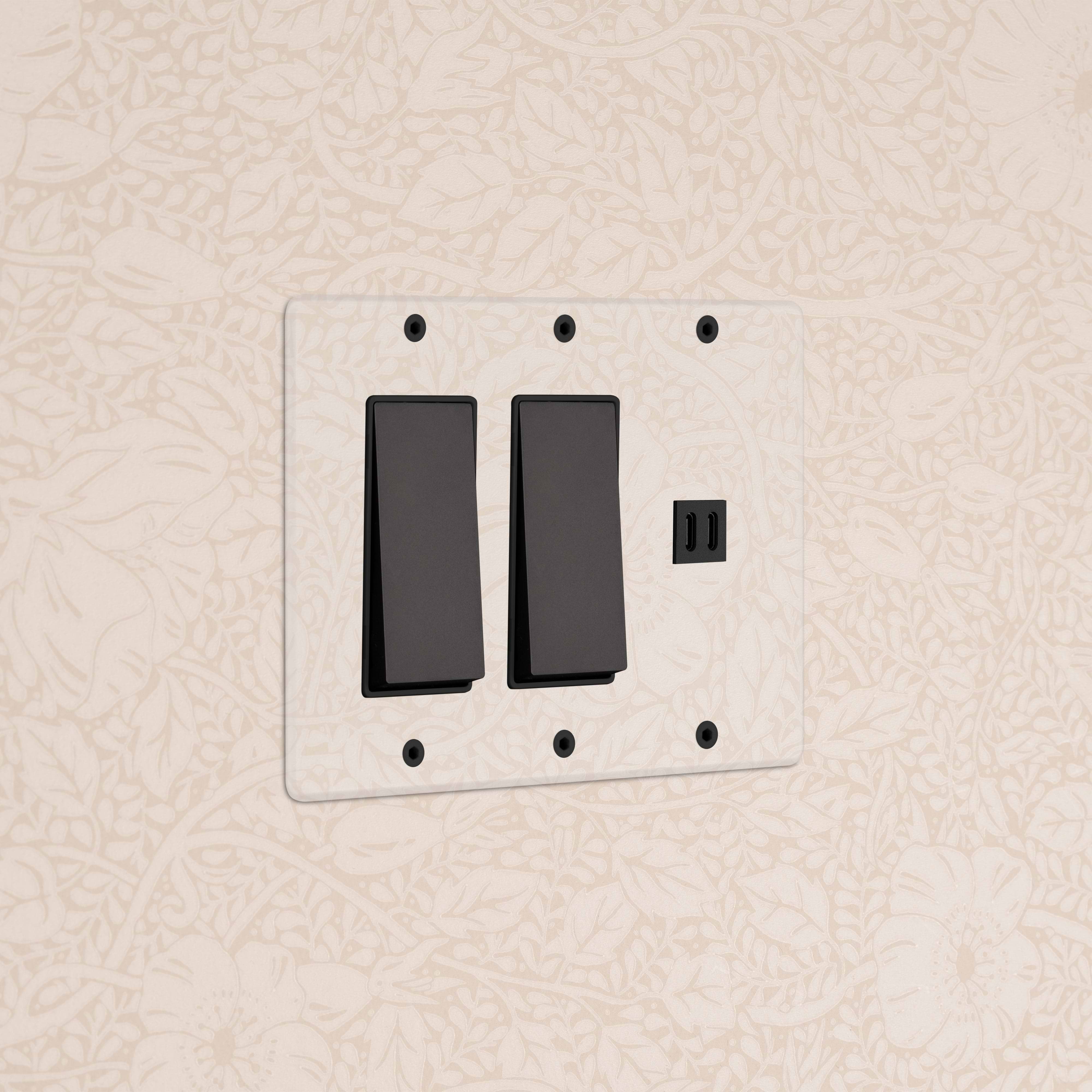 Kew 3G 2x Rocker Switch & Fast Charge USB in Clear Bronze Black, with two black rockers and USB port.