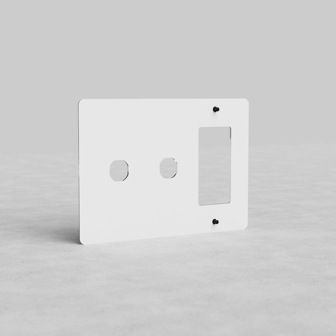 Clear 3G 2x switch and outlet plate (Kew US) with two switch openings and one outlet opening on gray background.