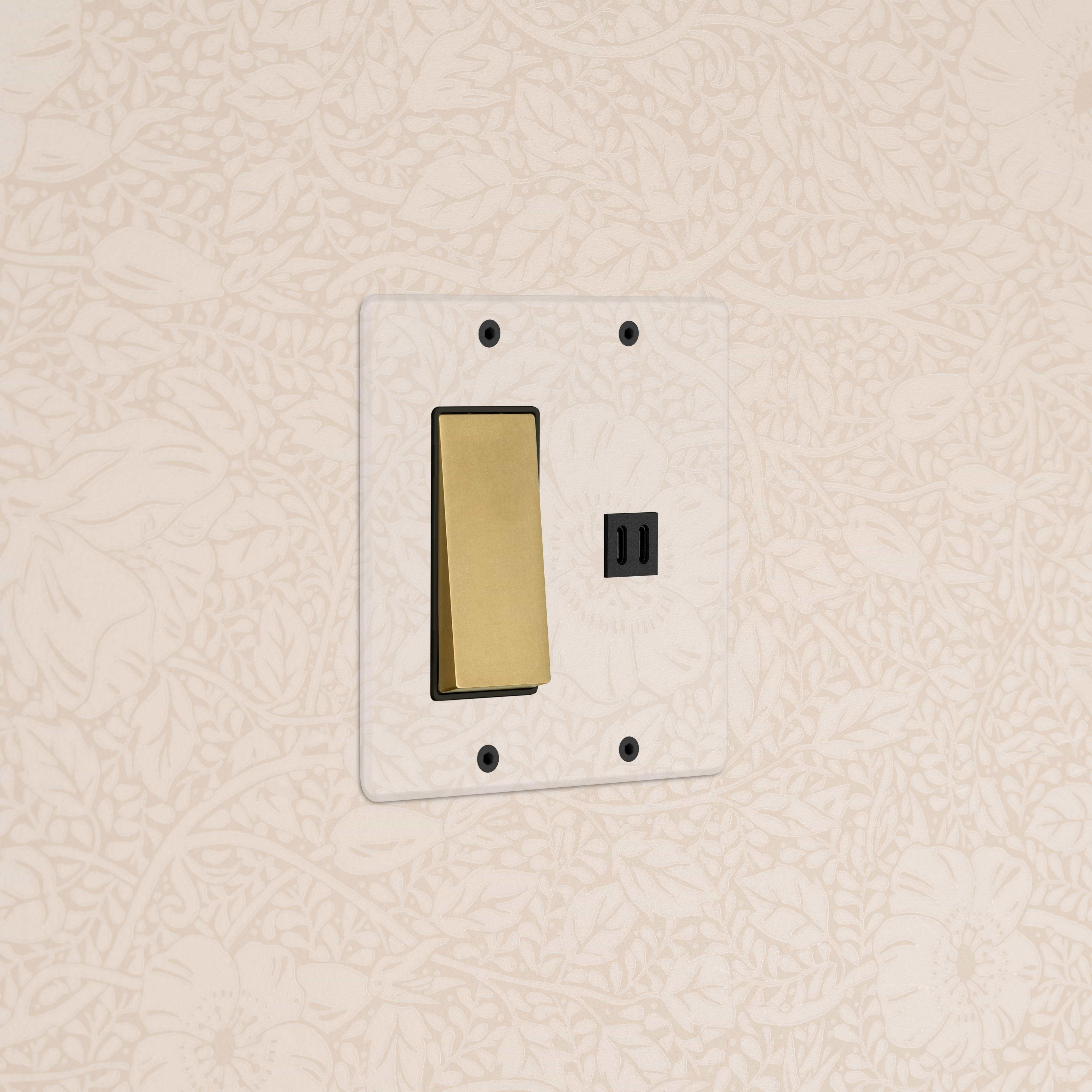 Kew 2G Rocker Switch & Fast Charge USB in Clear Antique Brass Black finish, mounted on a beige floral wall.