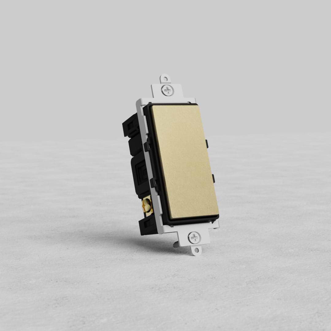 Center Retractive Rocker Switch in antique brass with black details, shown upright against a gray background.