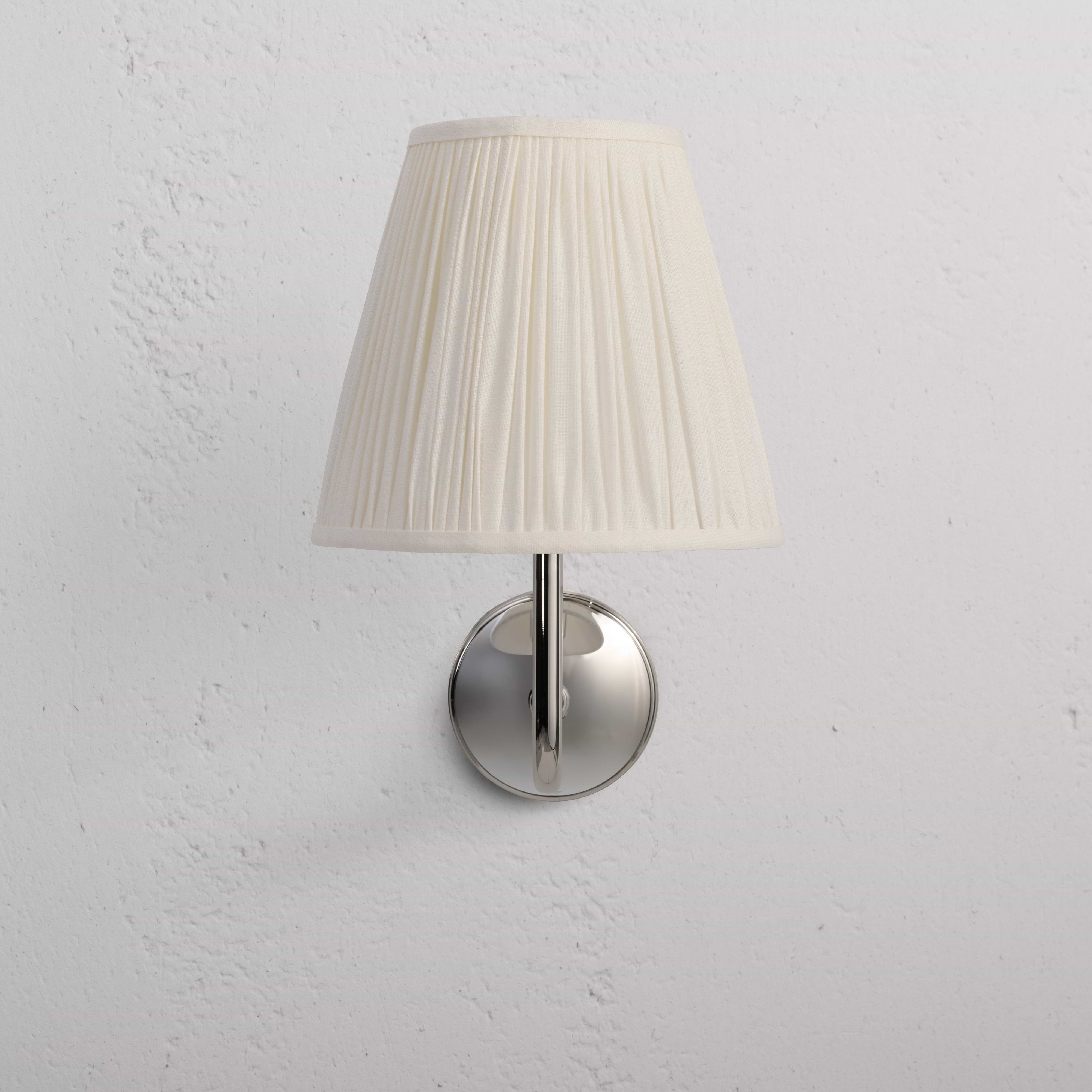 Large Malvern Wall Light Alabaster White with polished nickel base and pleated white lampshade, wall-mounted.