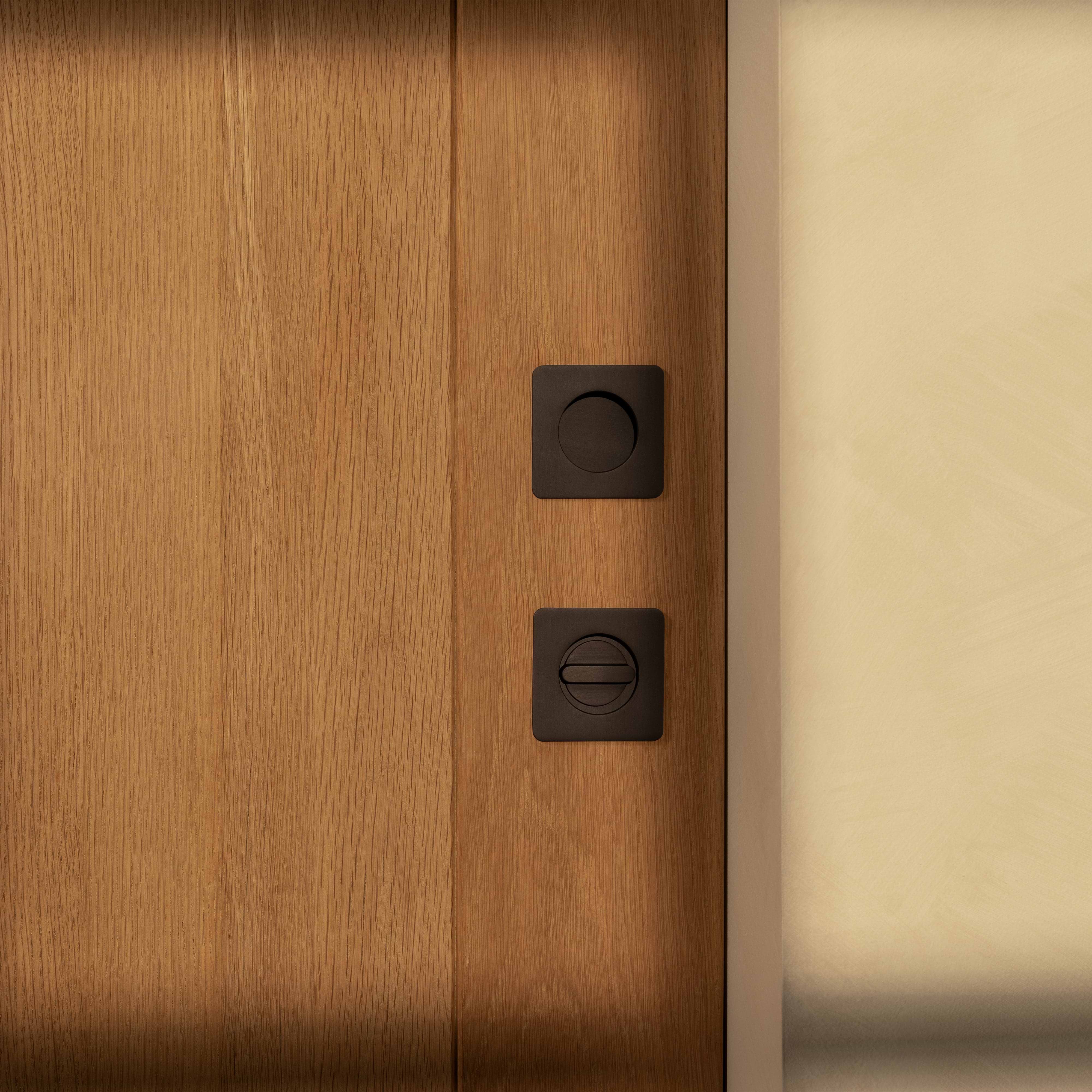 Close-up of a Regent Recessed Small Pull in bronze installed on a wooden door, seen in partial sunlight.