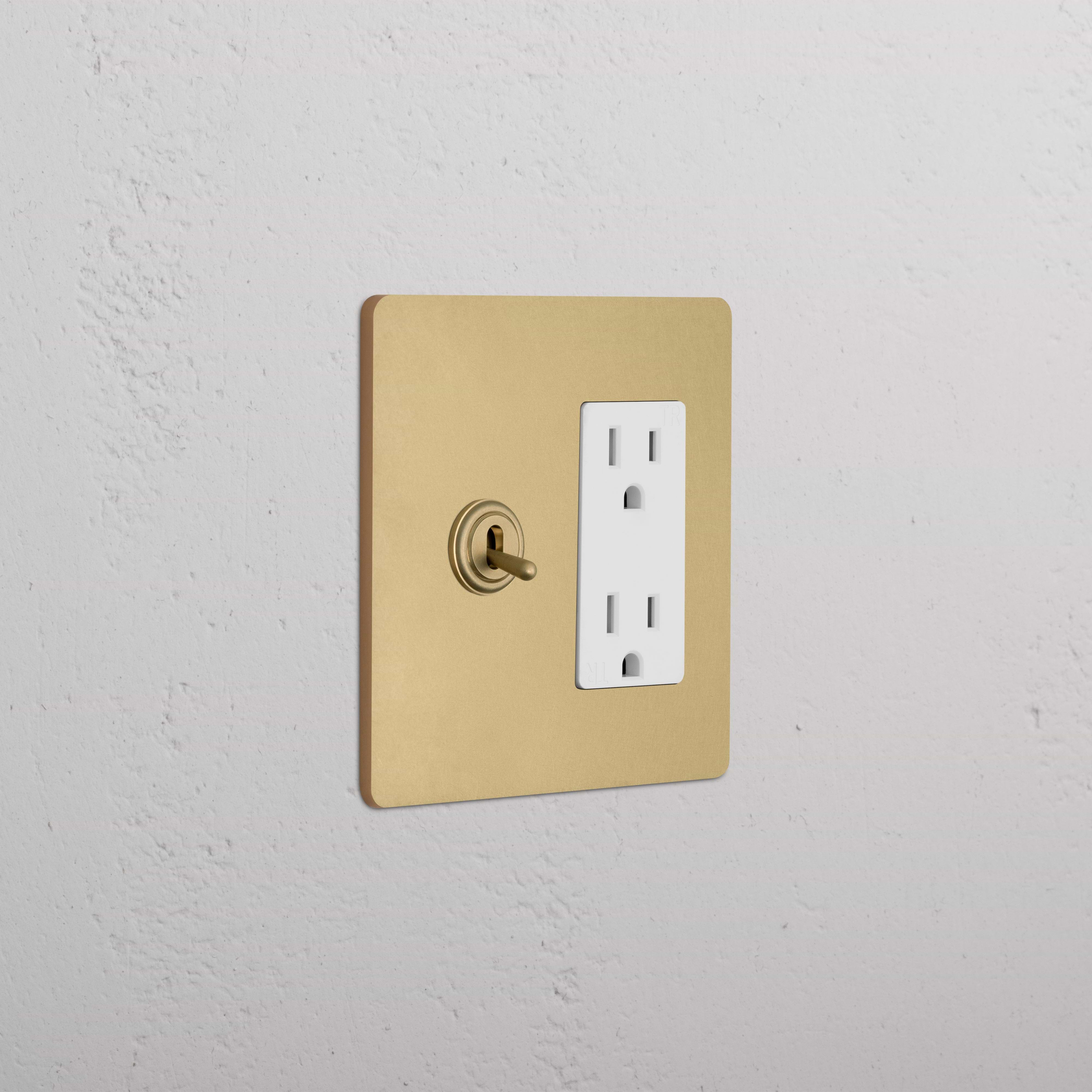 Grove 2G Toggle Switch & Outlet in Antique Brass White with gold wall plate, toggle switch, and double outlet.