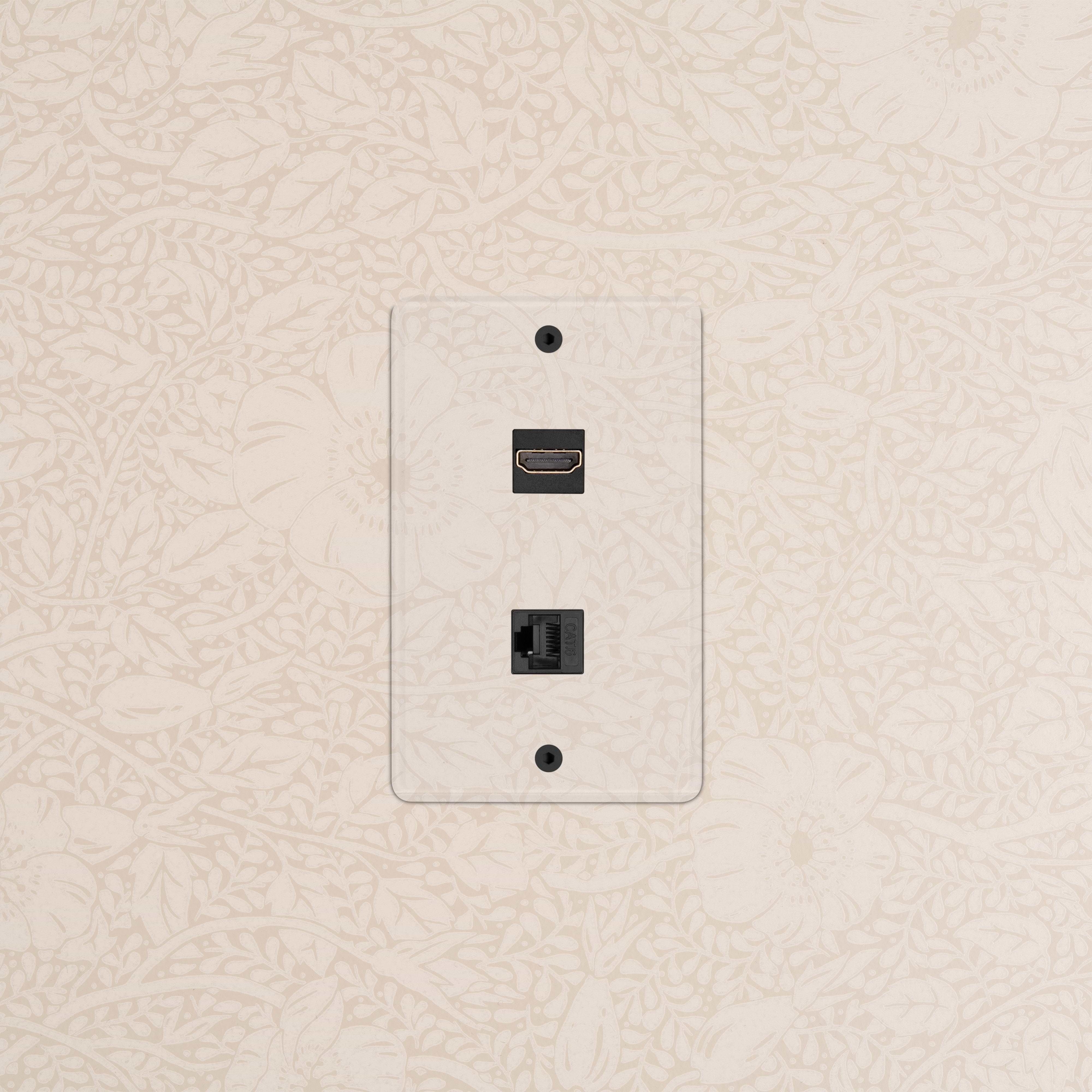 Kew 1G HDMI & CAT 6 Keystone in clear black, featuring HDMI and Ethernet ports on a single wall plate.