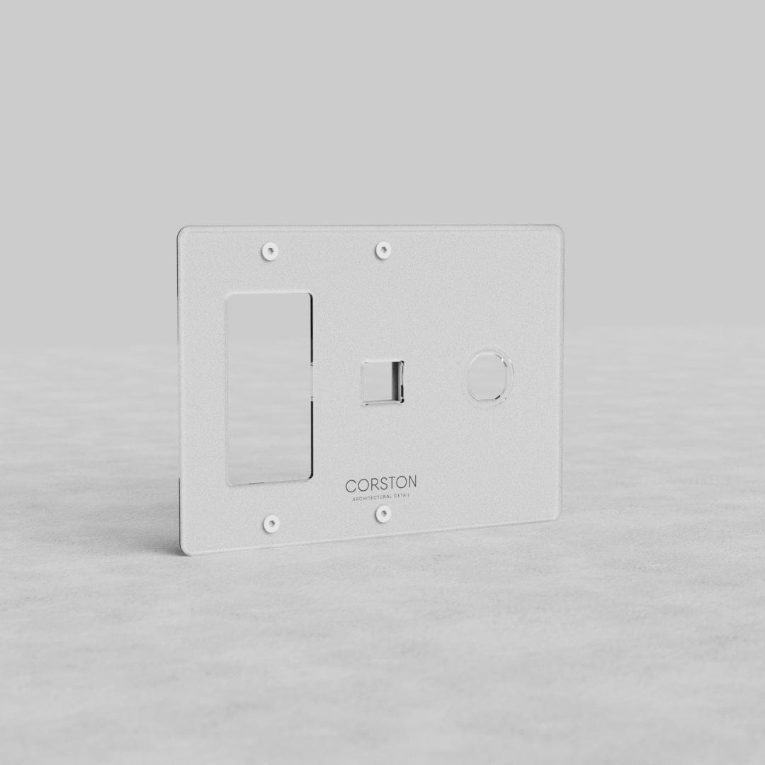 Clear 3G Outlet & Keystone & Switch Plate Kew US with three cutouts, branded 'Corston' at bottom center.