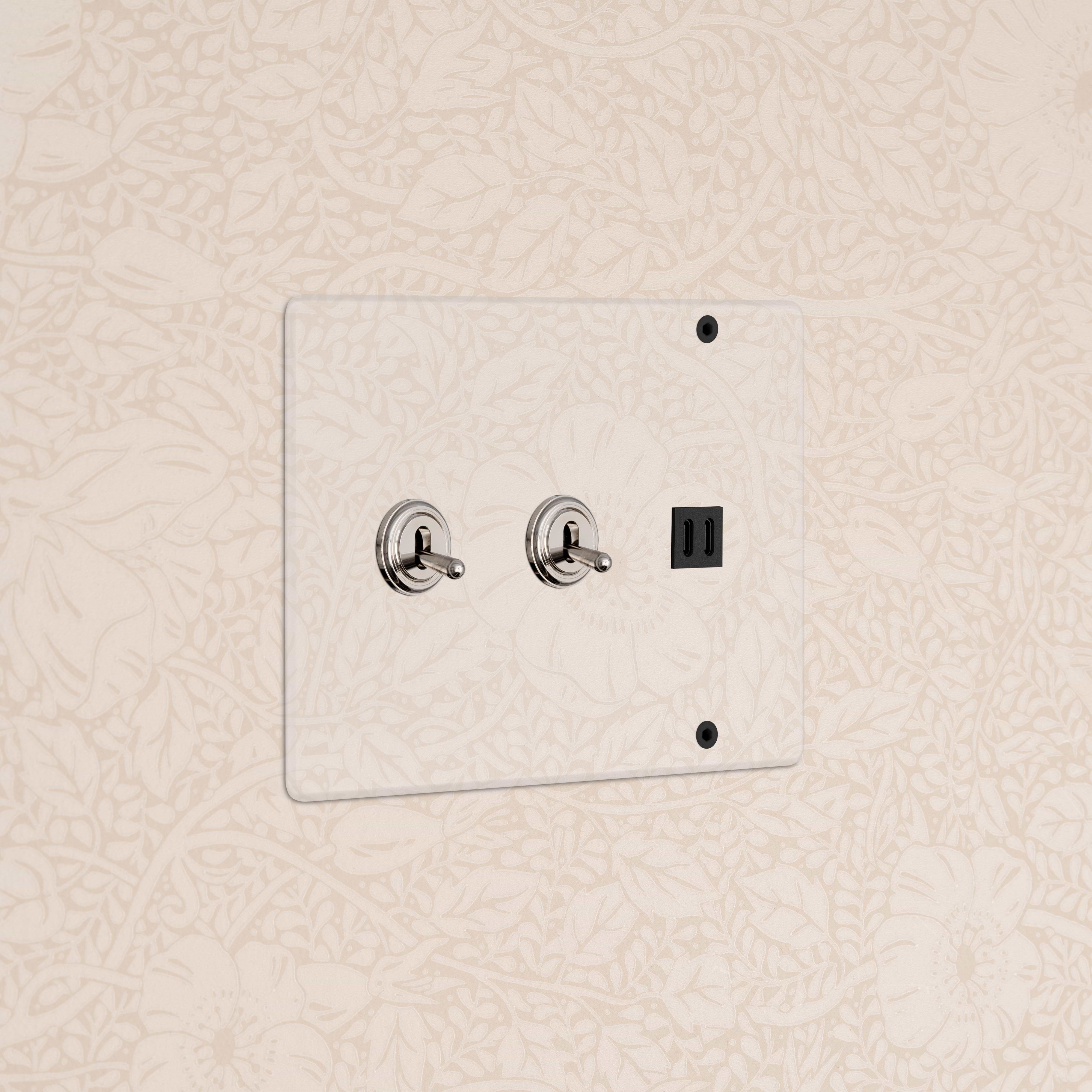 Clear polished nickel black Kew 3G wall plate with 2 toggle switches and fast charge USB ports.