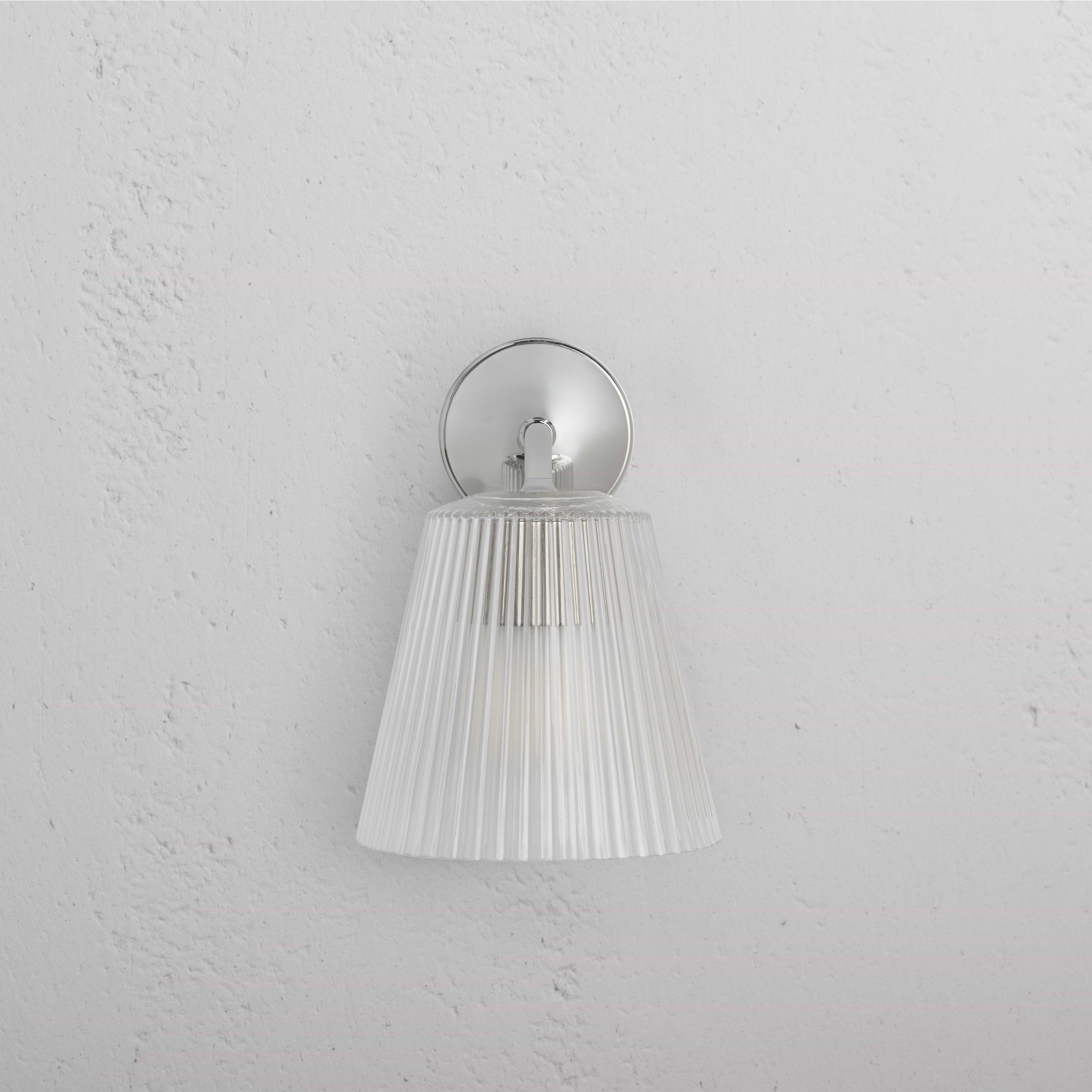 Large Richmond Wall Light Fluted Glass in polished nickel with a fluted clear glass shade on a round base.
