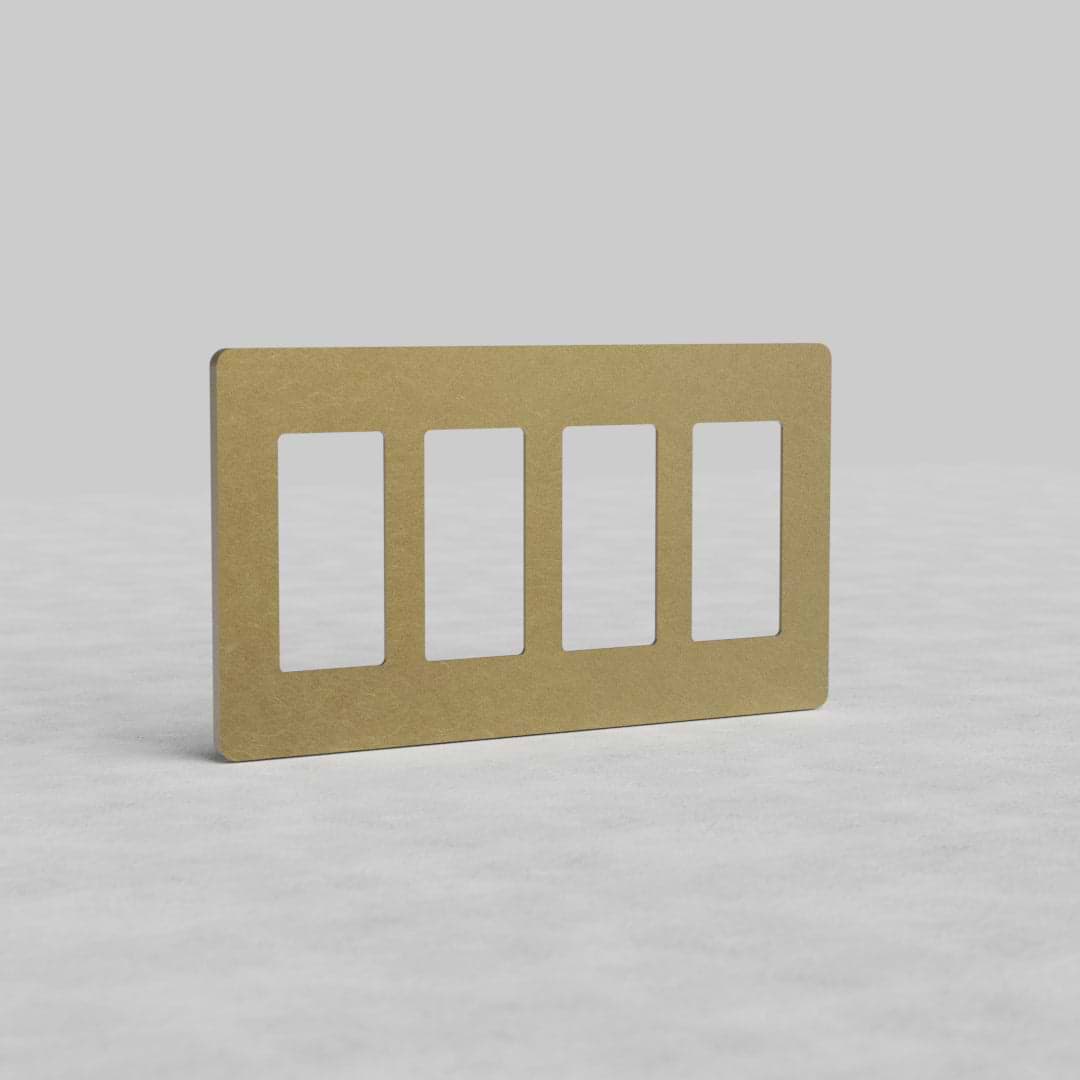 4G Outlet Plate Grove US in antique brass with four rectangular outlet openings, displayed on a neutral surface.
