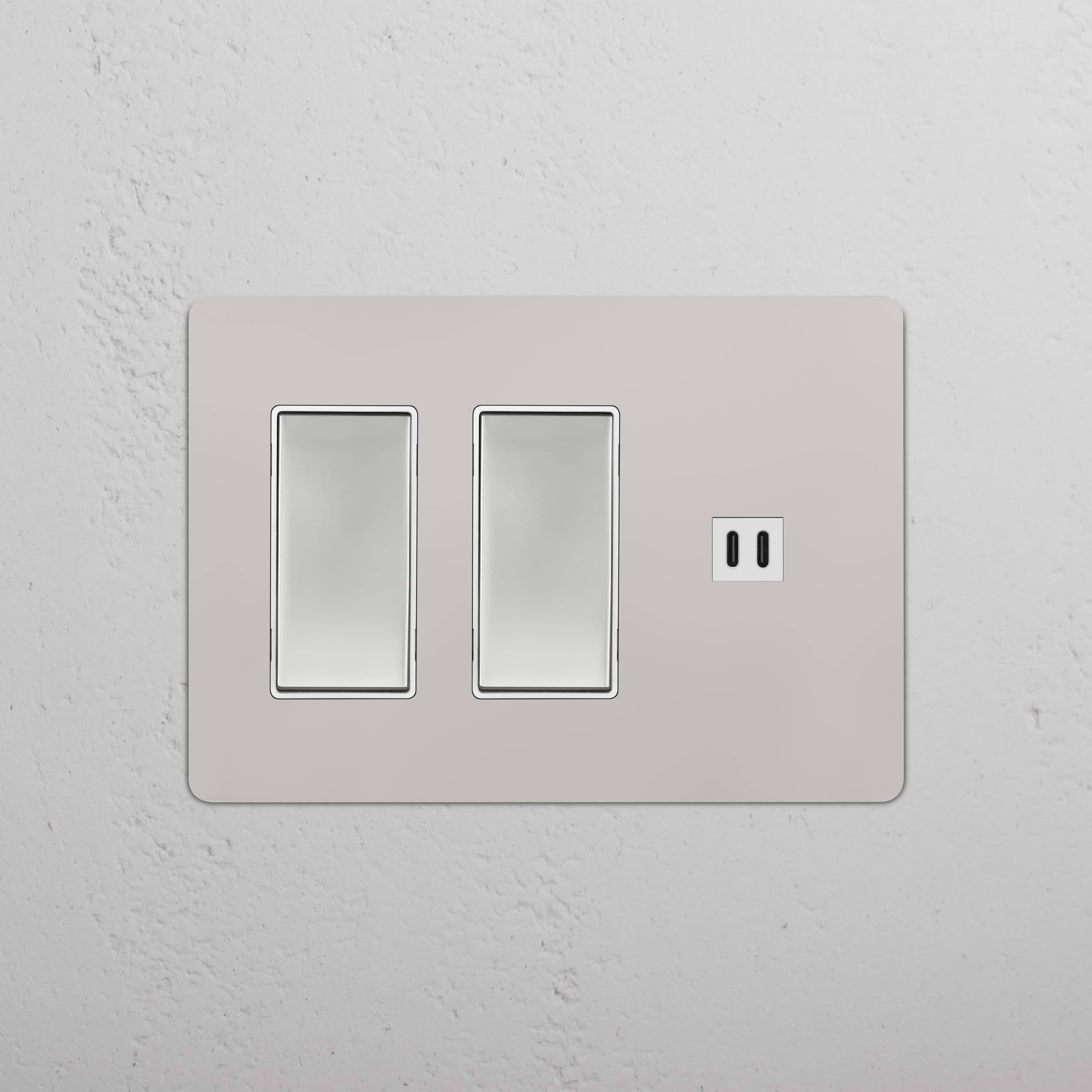 Kew 3G 2x Rocker Switch & Fast Charge USB in polished nickel on white plate, two switches and USB port.