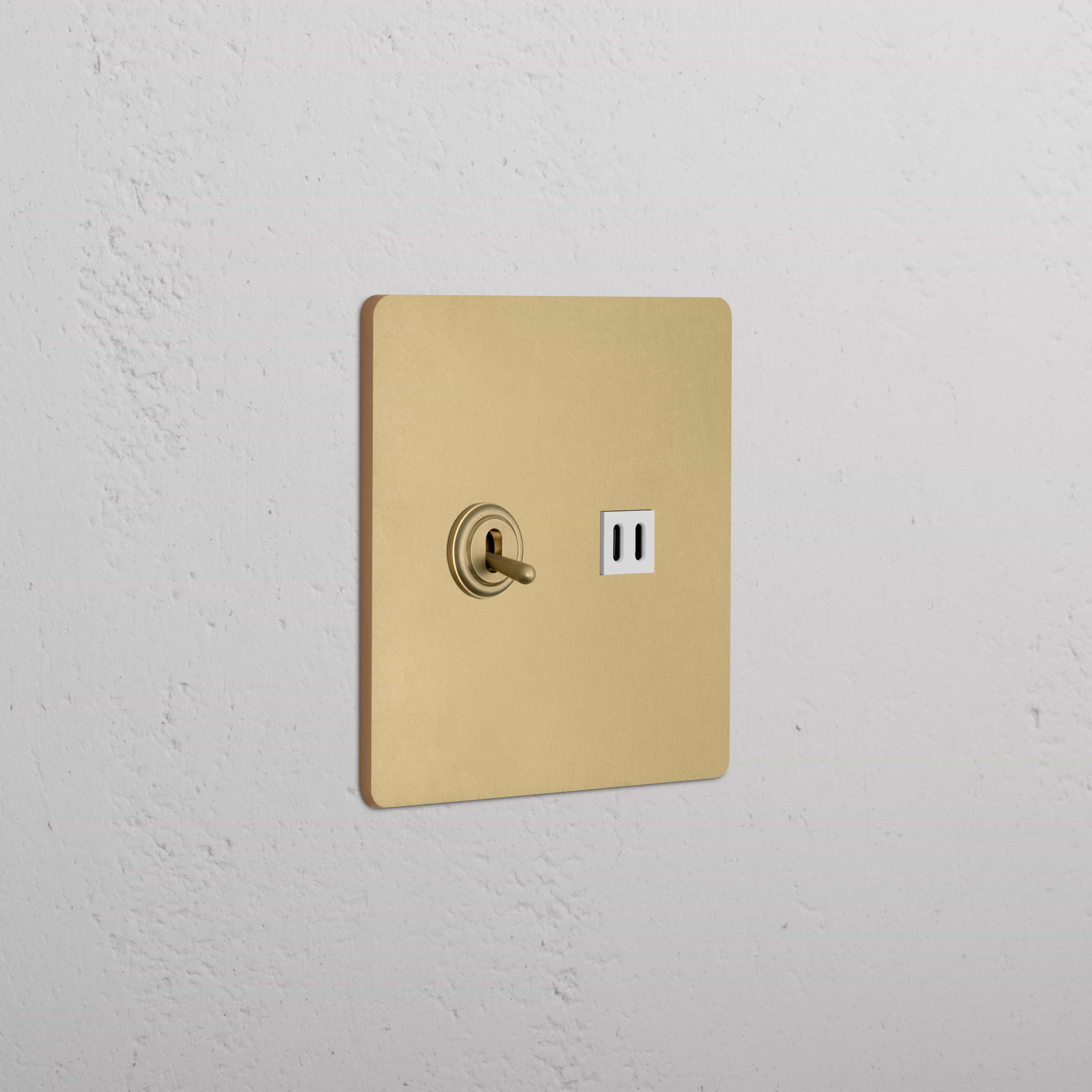 Antique Brass White Grove 2G Toggle Switch with Fast Charge USB on a white wall plate.