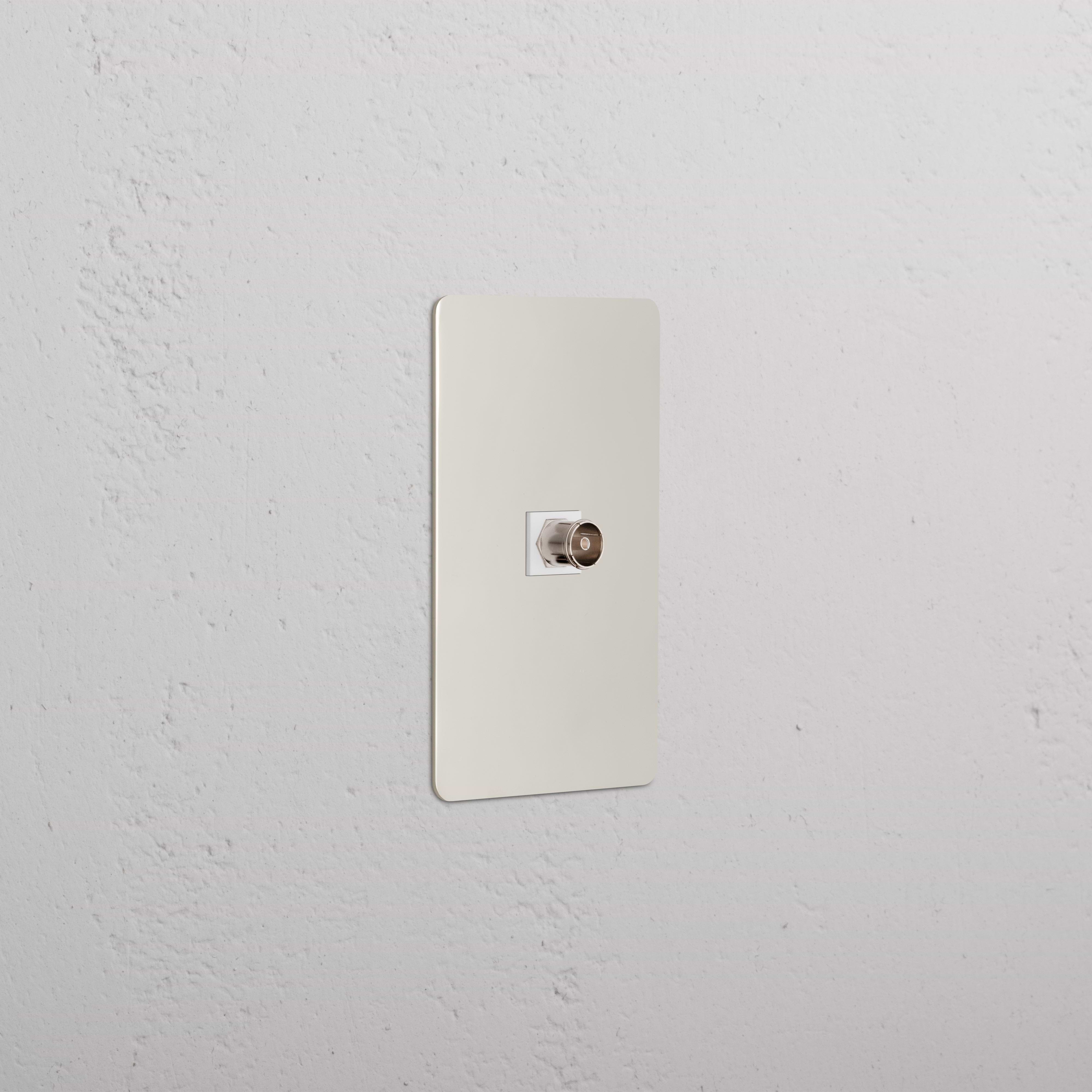 Kew 1G TV Keystone wall plate in polished nickel and white with a single coaxial cable port.