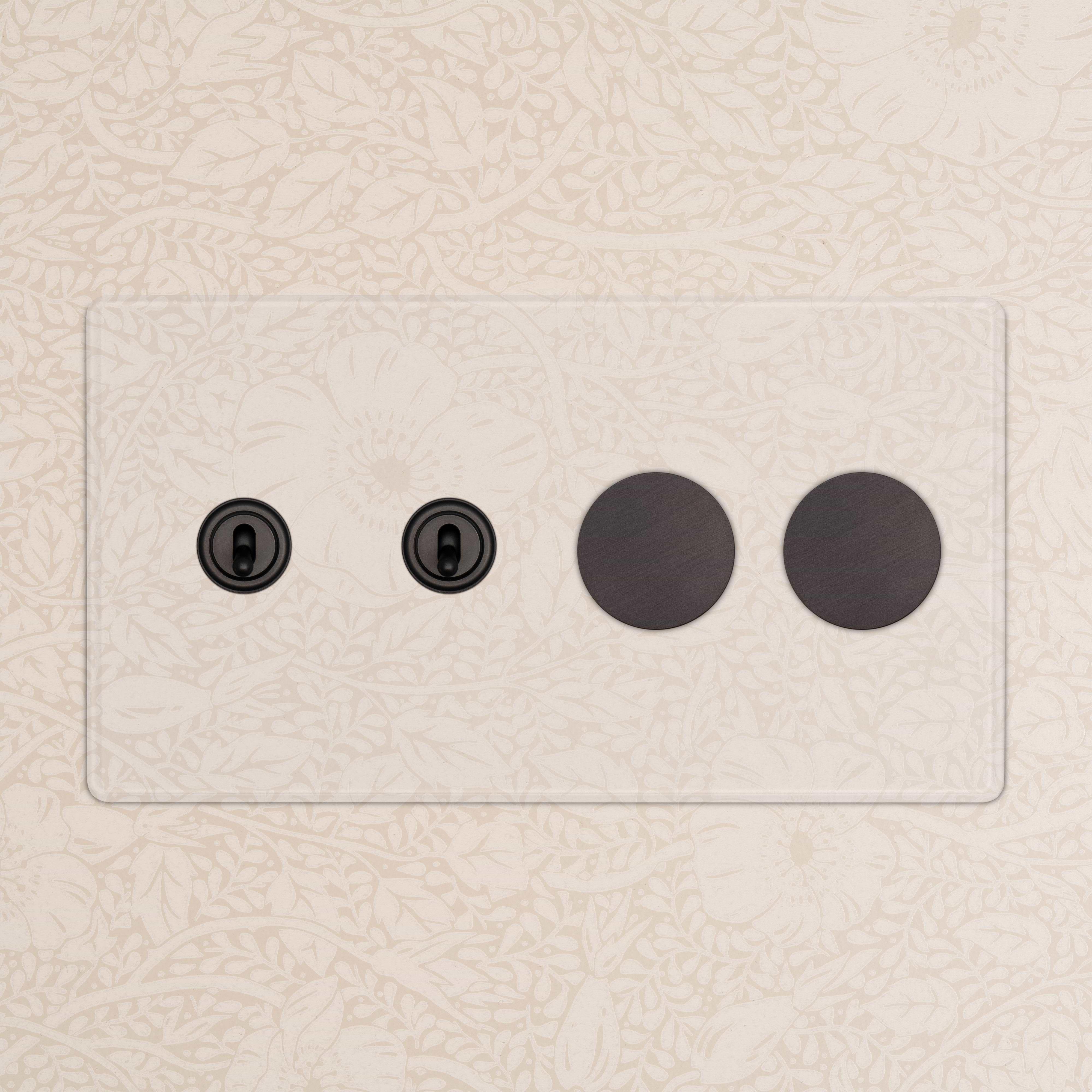 Kew 4G 2x Toggle & 2x Dimmer Switch in Clear Bronze with two toggles and two round dimmer knobs on panel.