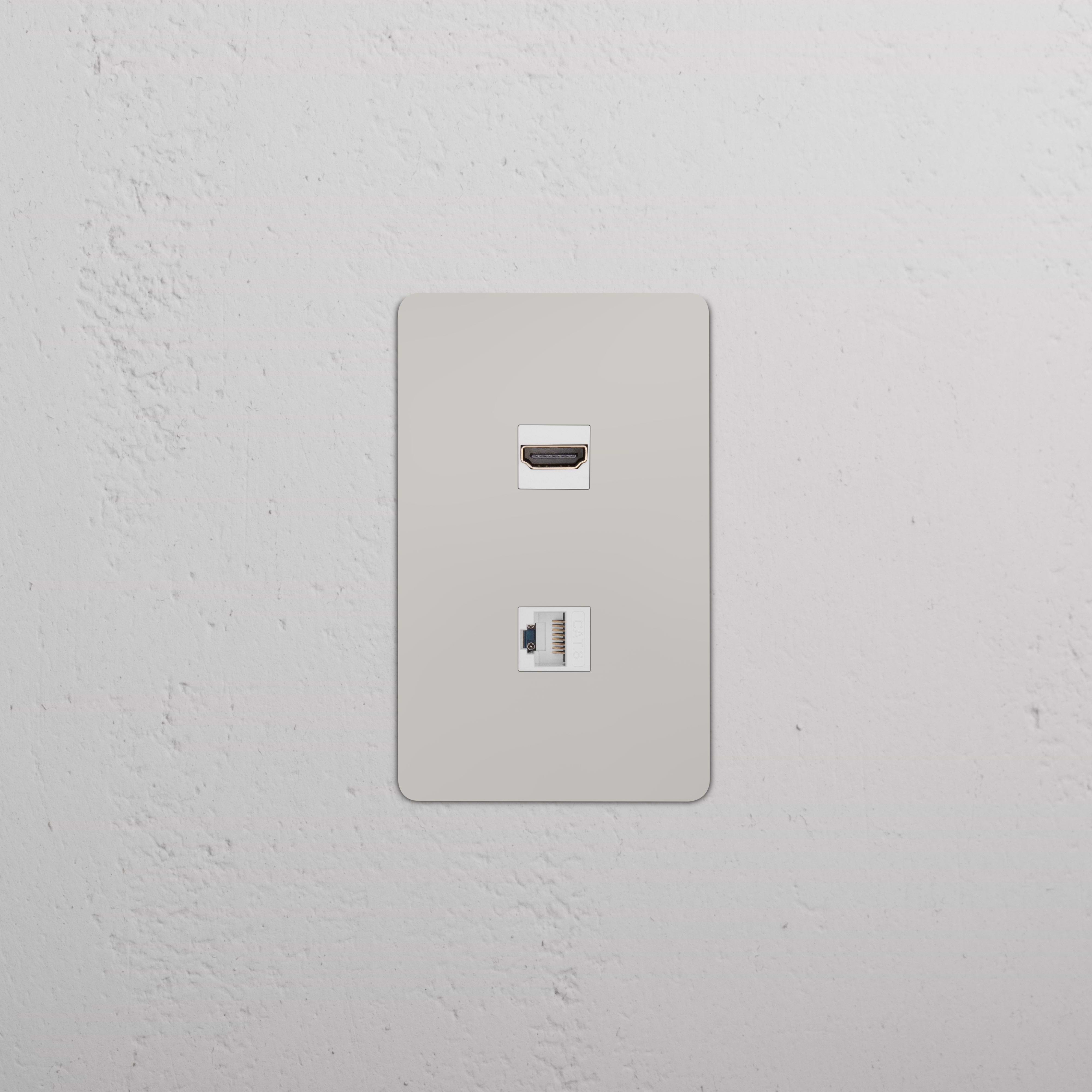 Kew 1G HDMI & CAT 6 Keystone wall plate in Polished Nickel White with HDMI and Ethernet ports.