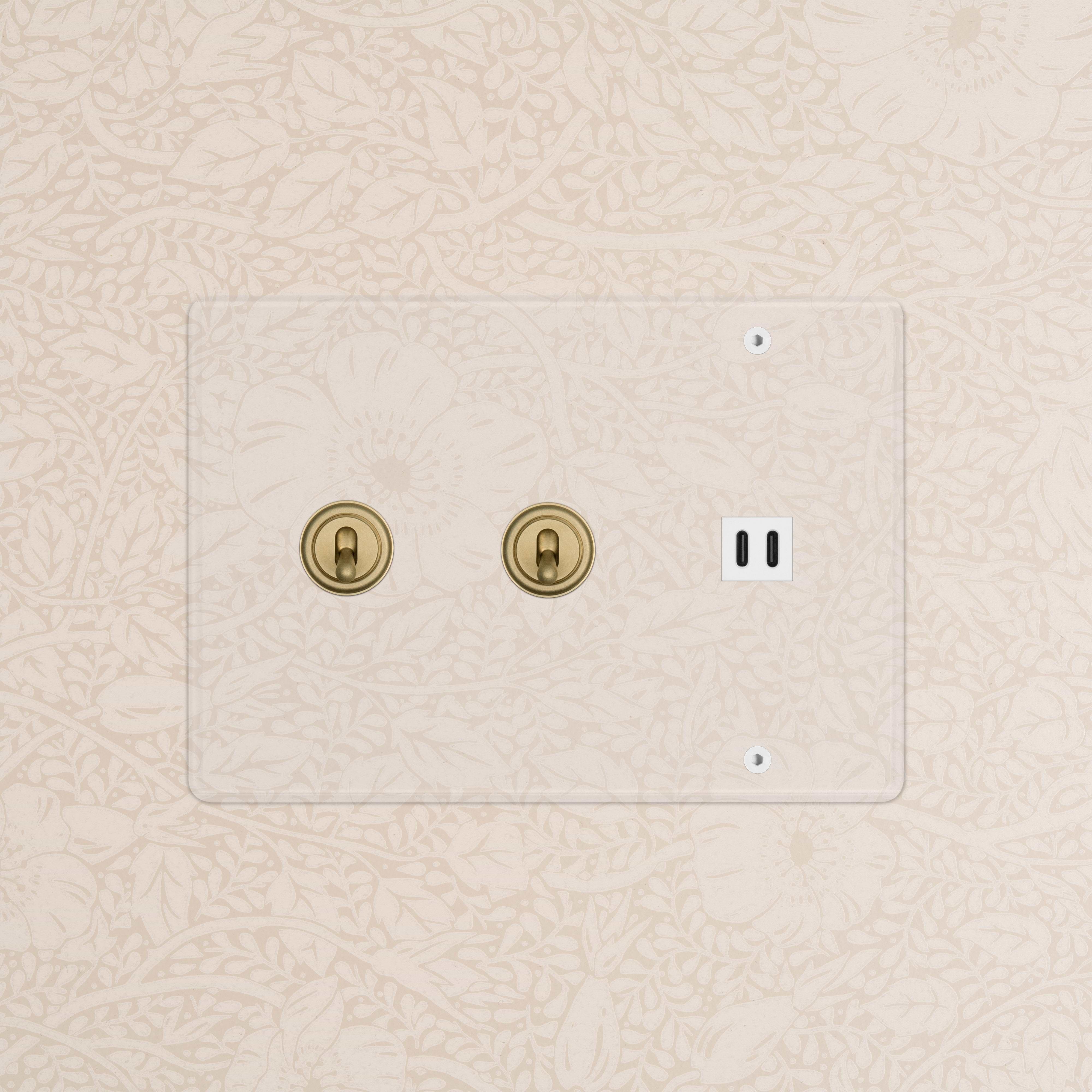 Kew 3G 2x Toggle Switch & Fast Charge USB, clear antique brass with white details, on wall.