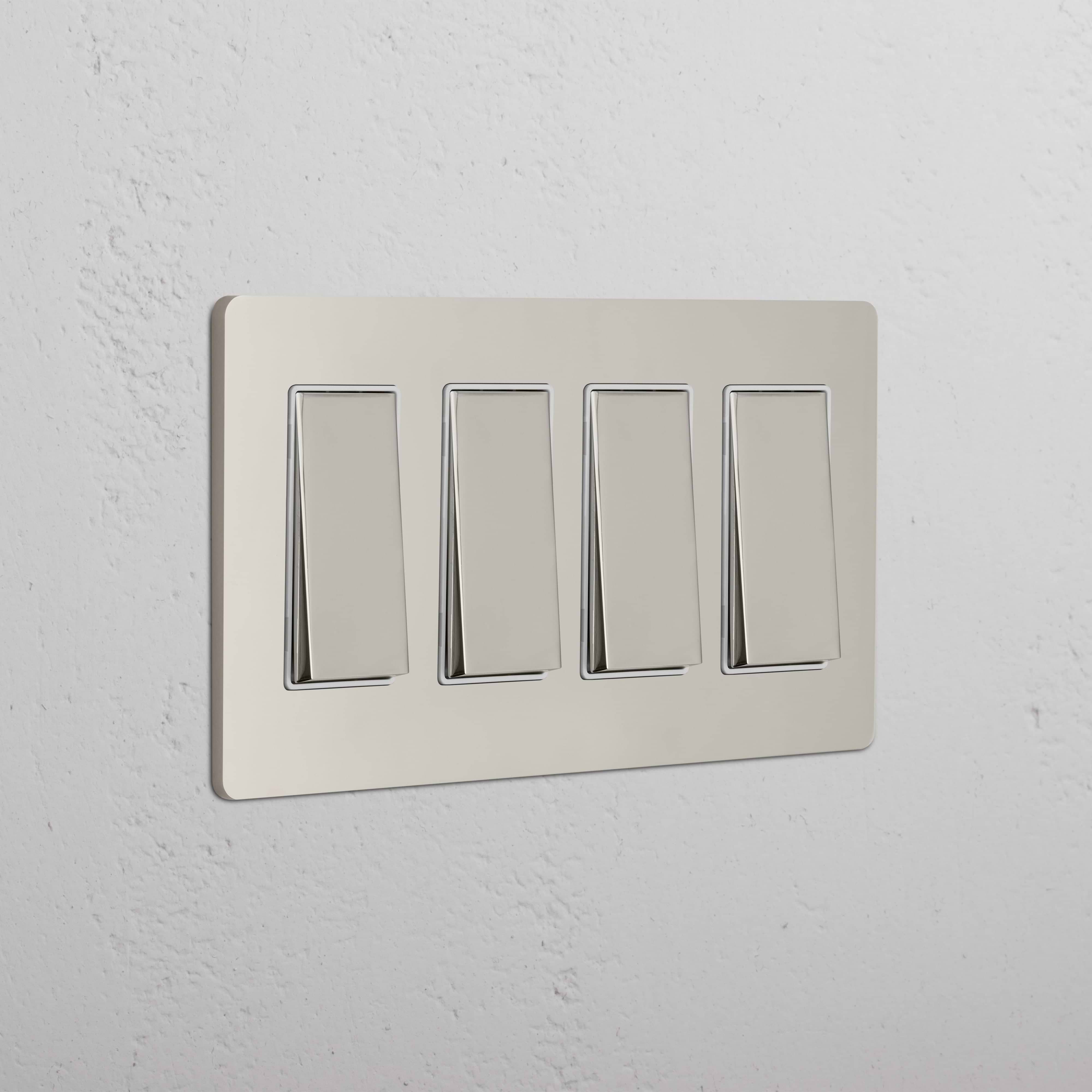 Grove 4G Rocker Switch in Polished Nickel White, showing four rectangular white rocker switches horizontally.