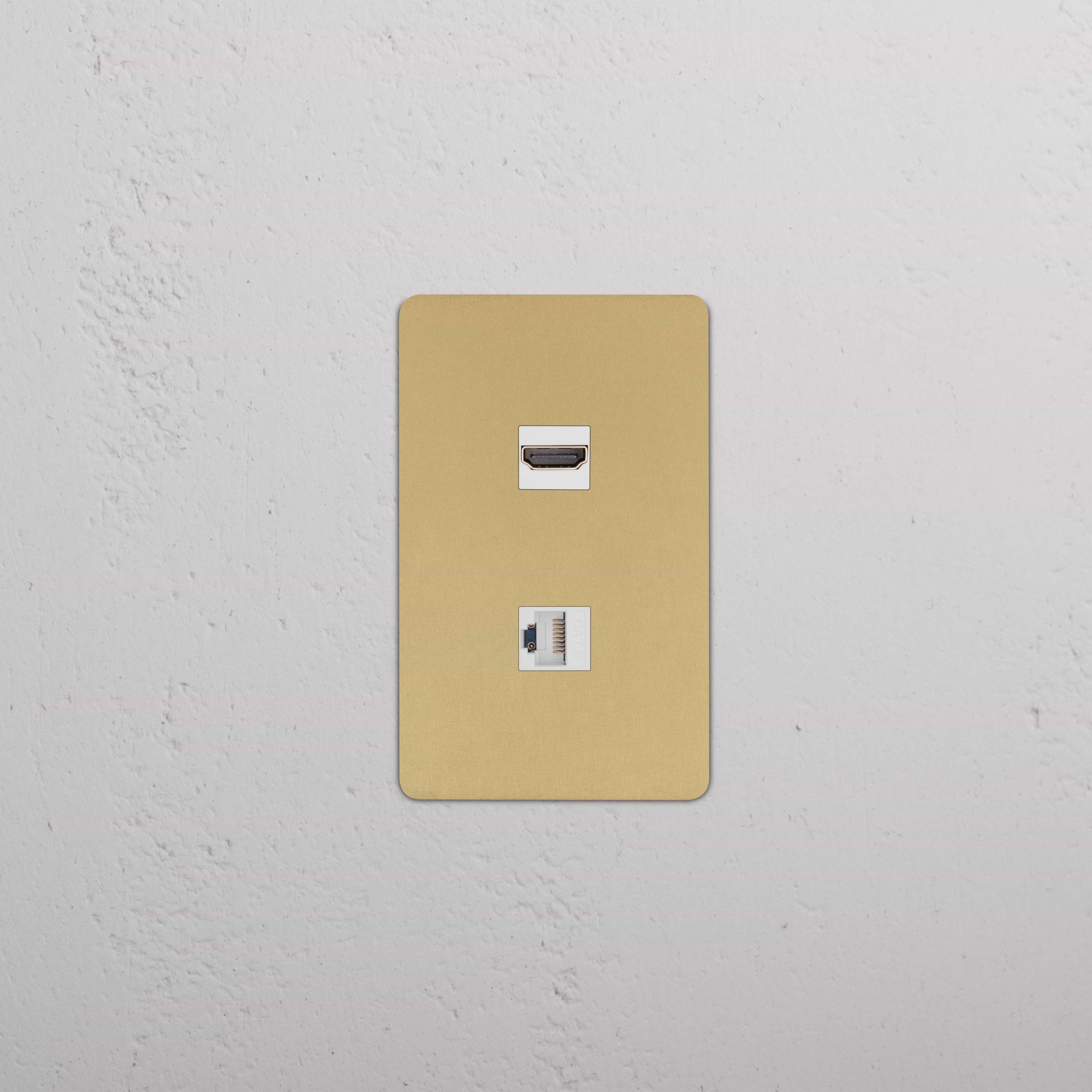 Kew 1G HDMI & CAT 6 Keystone wall plate in Antique Brass White with one HDMI and one Ethernet port.