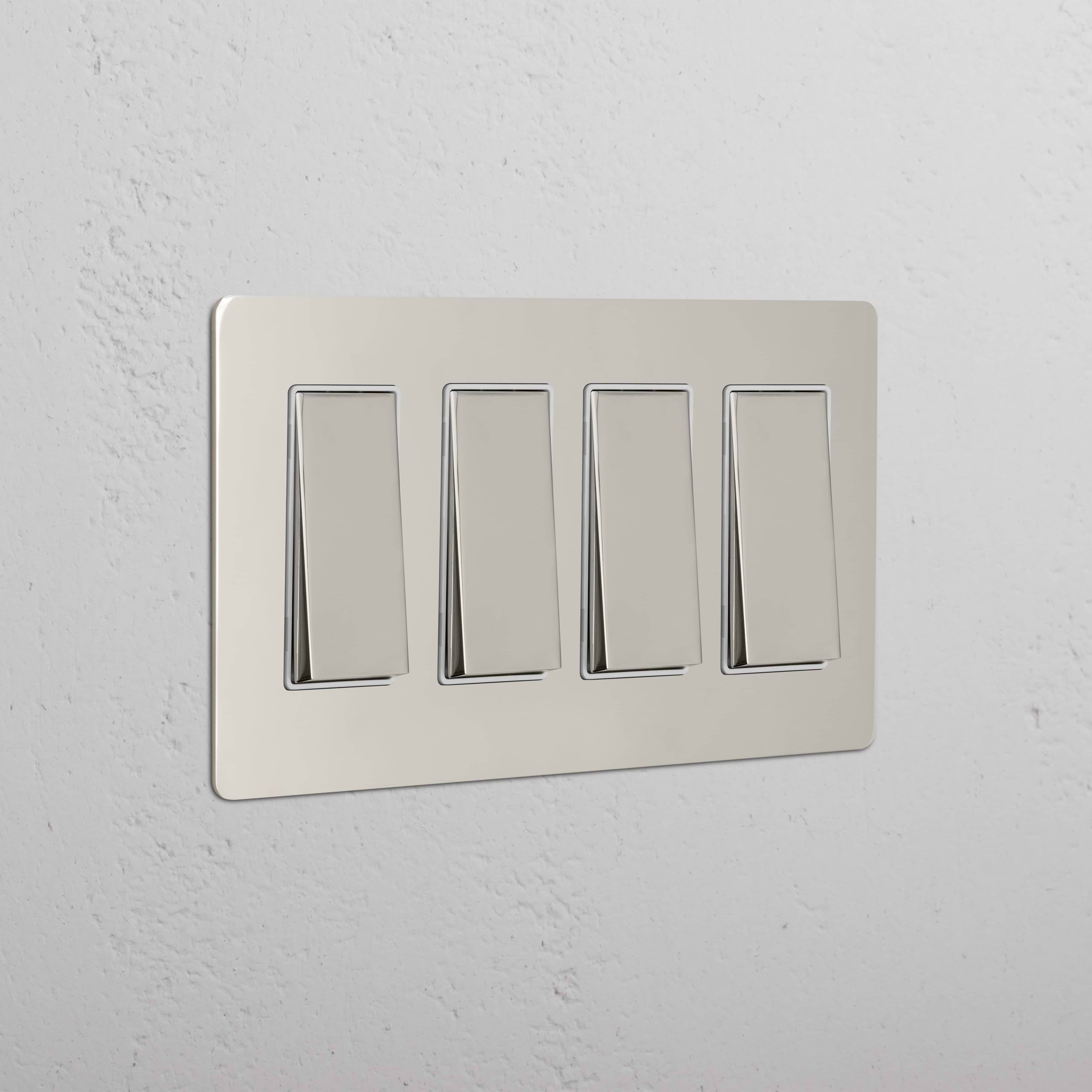 Kew 4G Rocker Switch in Polished Nickel White, featuring four rectangular rocker switches in a row.
