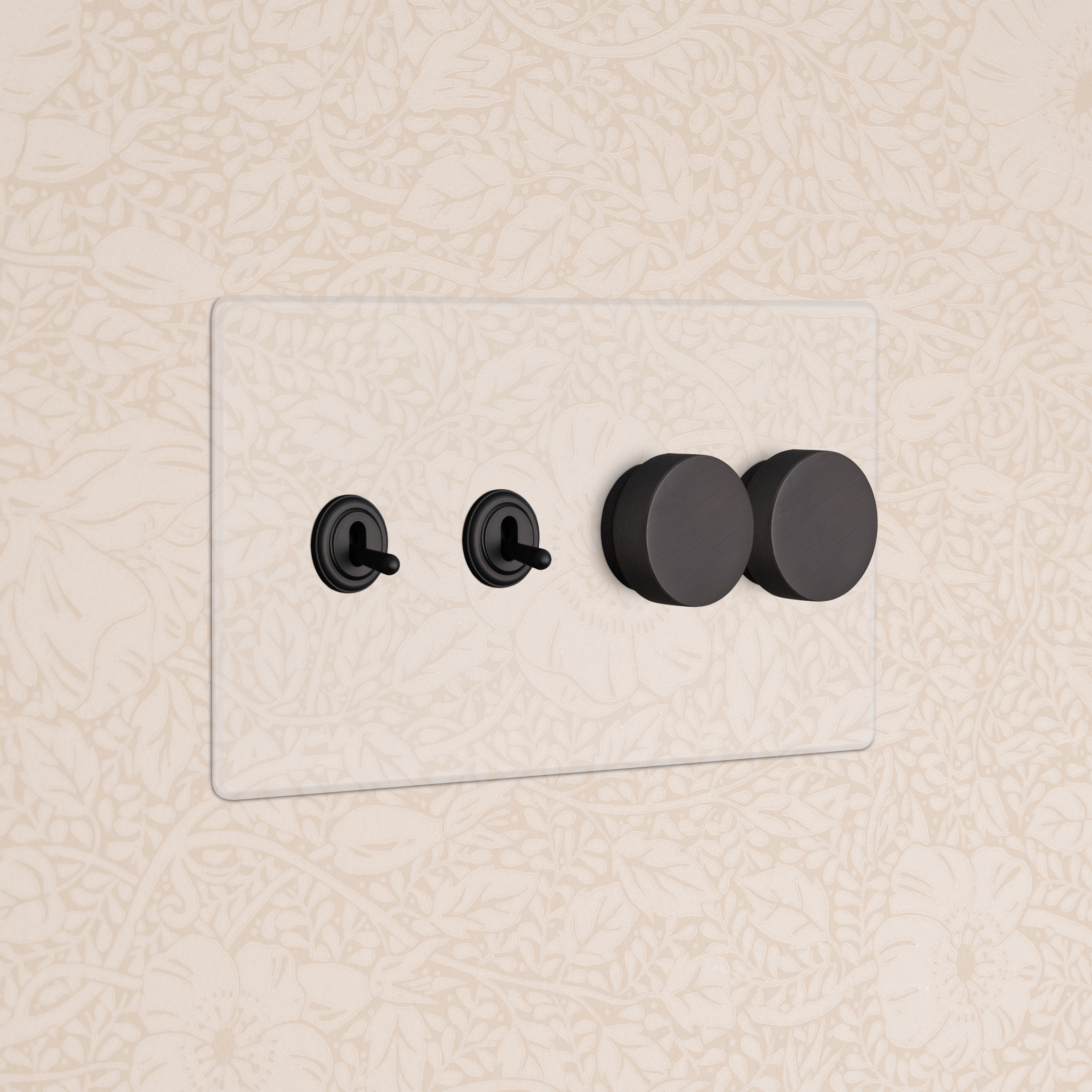 Kew 4G 2x Toggle & 2x Dimmer Switch in clear bronze with two black toggles and two black dimmer knobs.