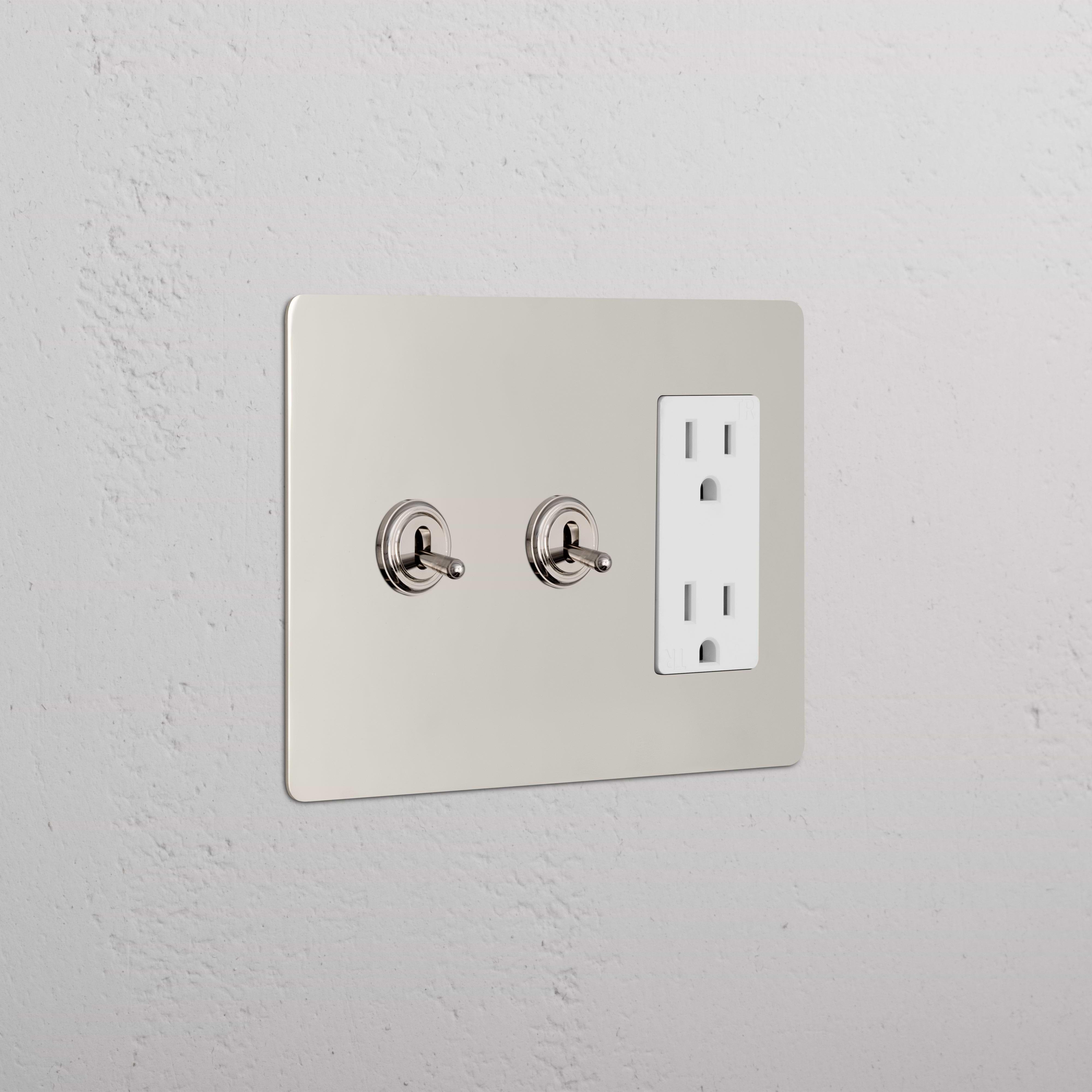 Kew 3G 2x Toggle Switch & Outlet in polished nickel white with two toggles and dual power outlet.