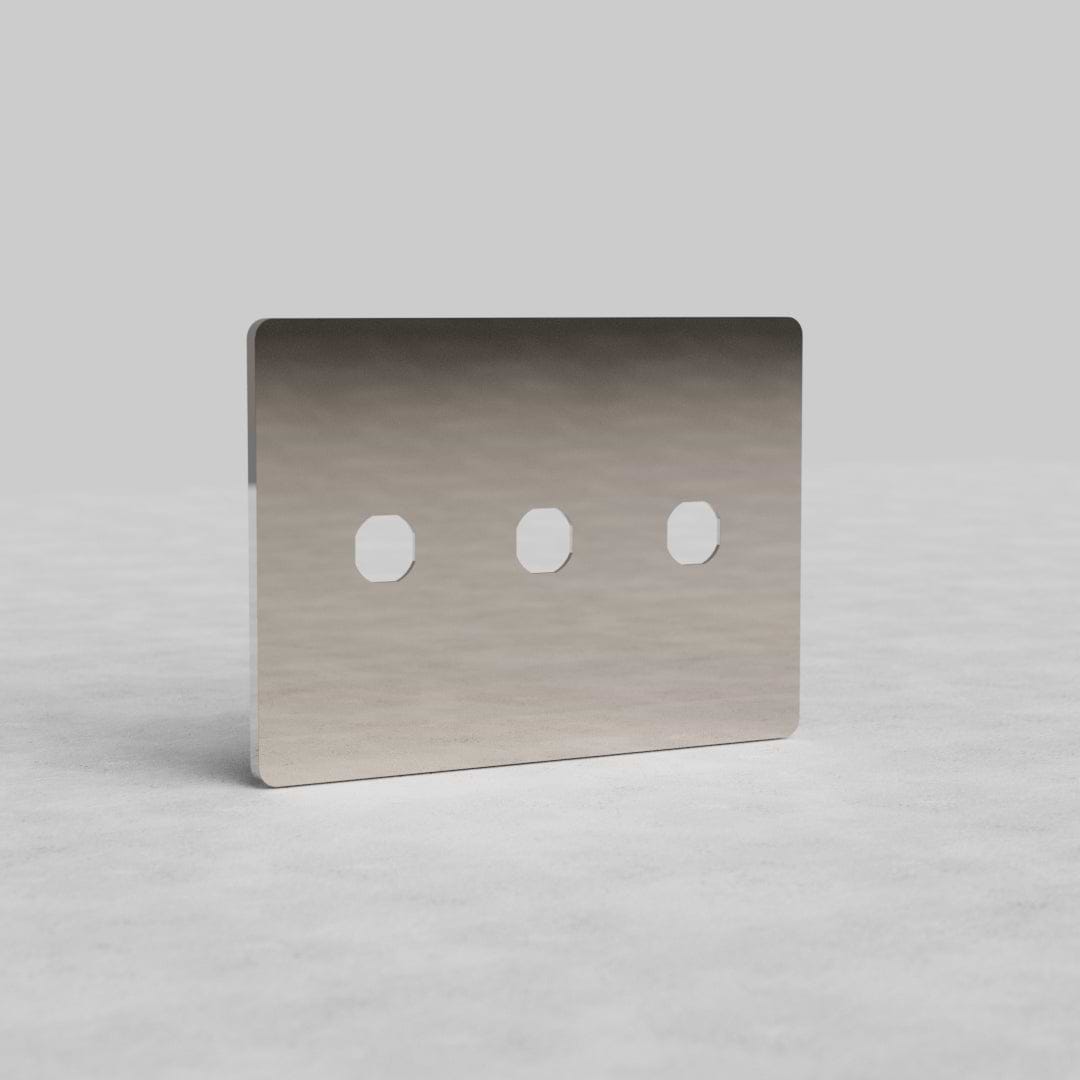 3G Switch Plate Grove US in polished nickel finish with three horizontal switch openings, shown upright.