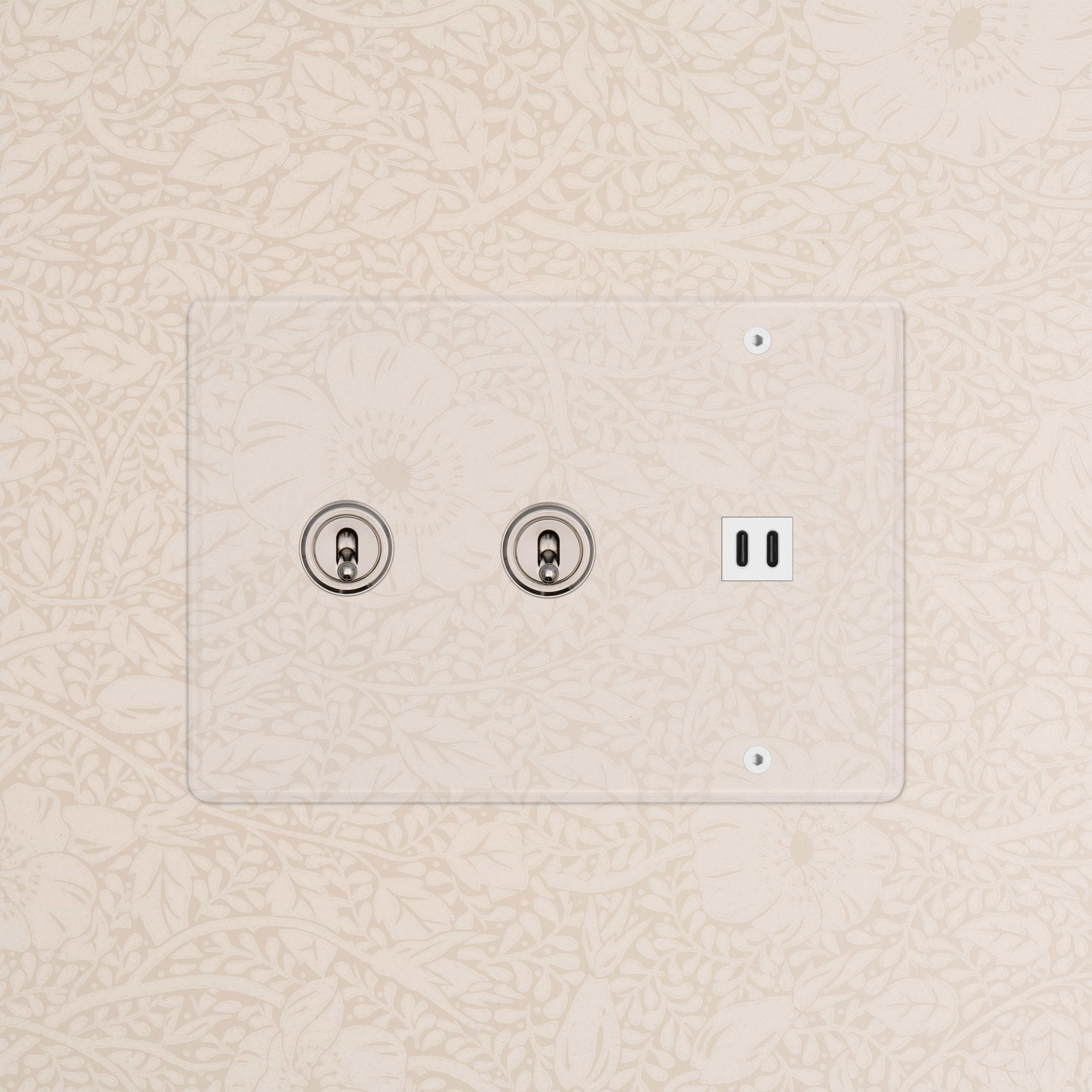 Kew 3G 2x toggle switch and fast charge USB in clear polished nickel white mounted on a wall.