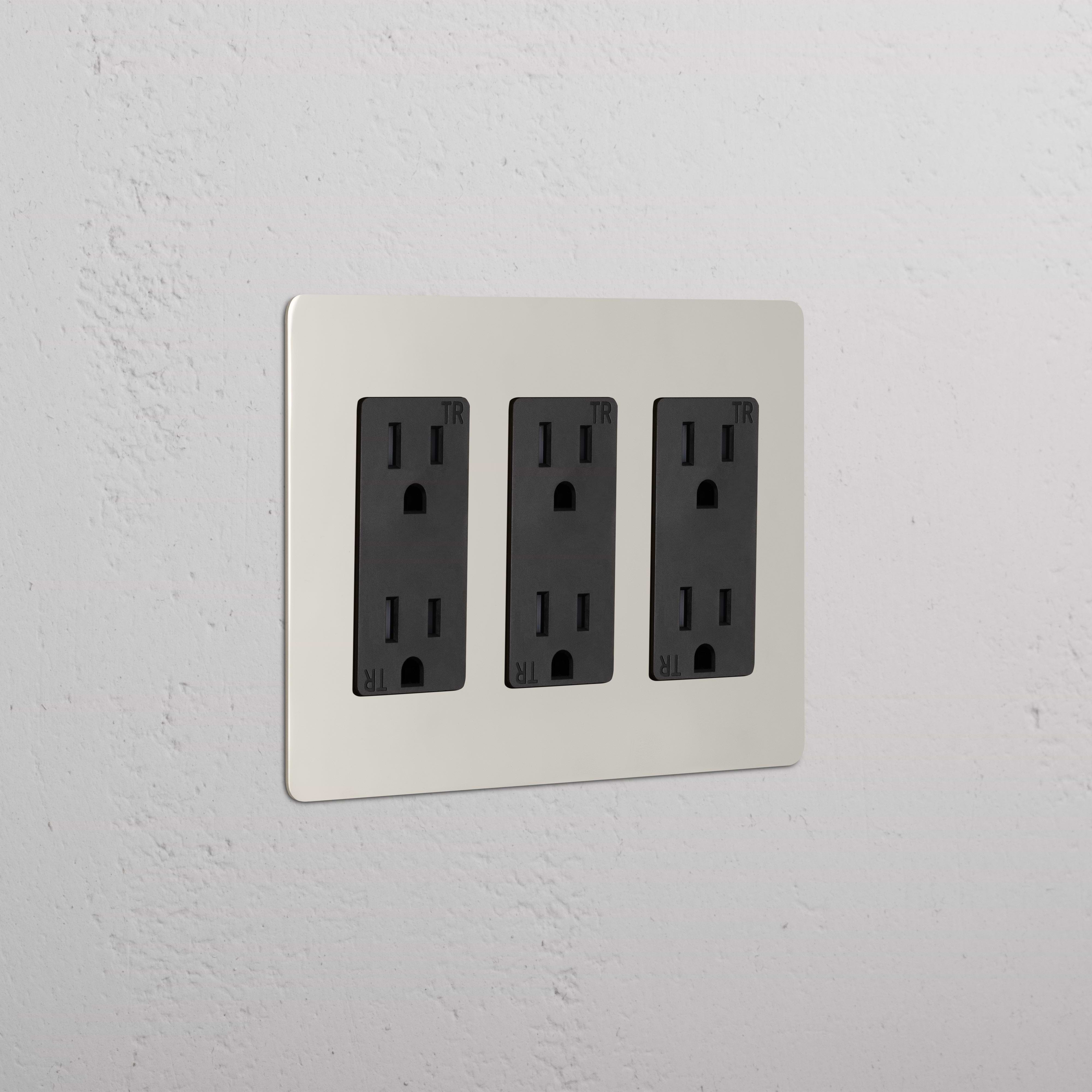 Kew 3G Outlet in Polished Nickel Black finish featuring three black outlet sockets on a wall plate.