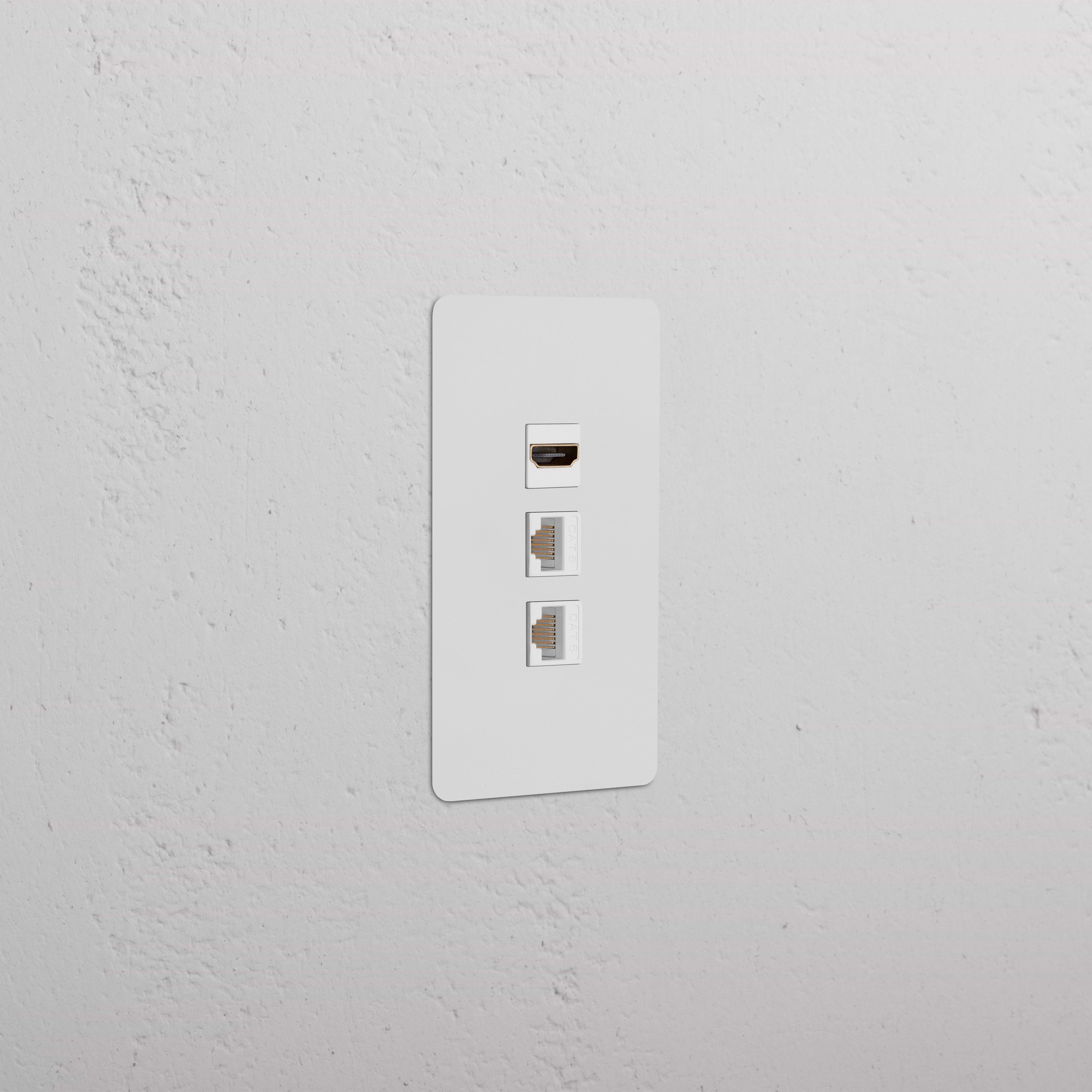 Kew 1G HDMI & 2x CAT6 Keystone wall plate in paintable white with one HDMI and two Ethernet ports.